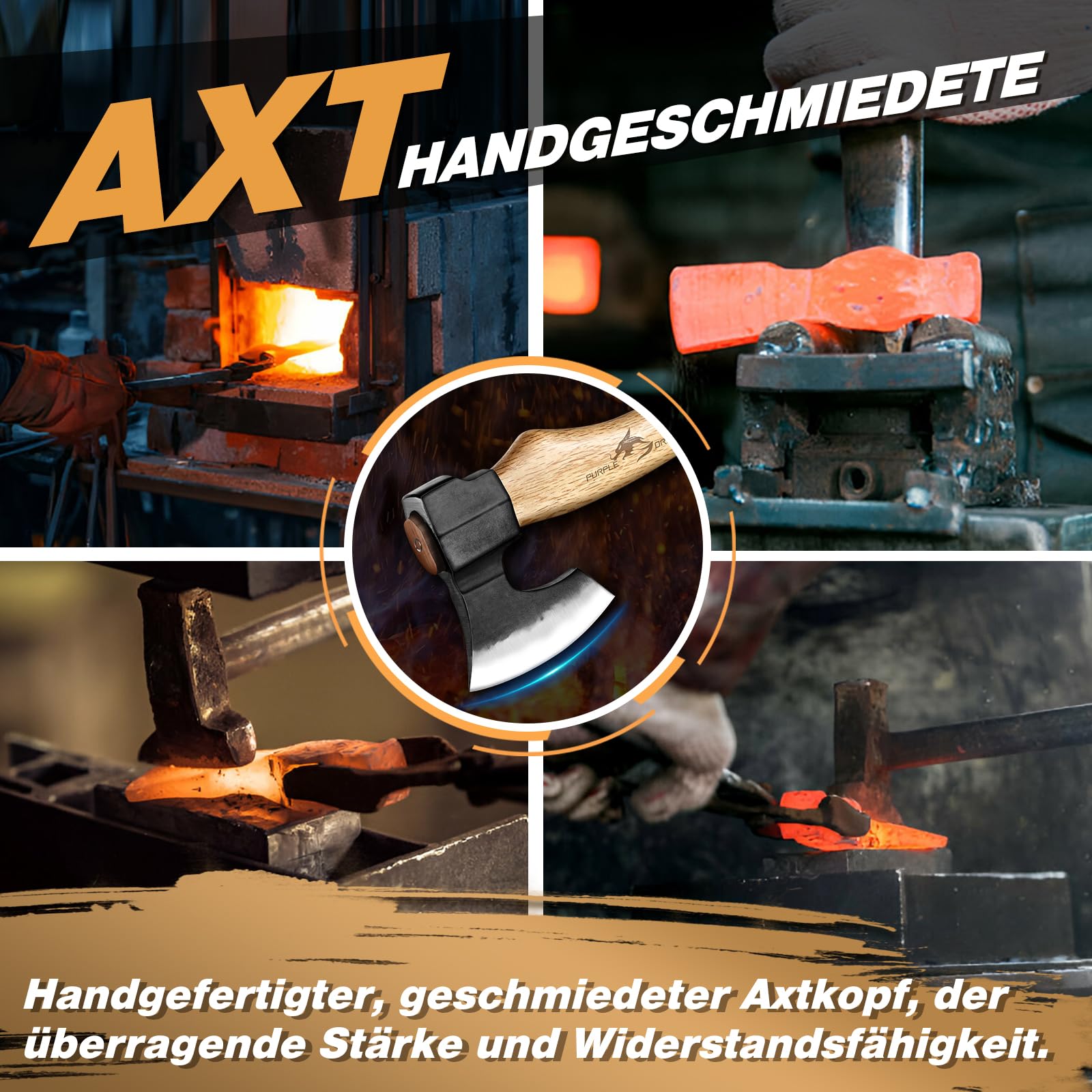 Purple Dragon Beil Axt Outdoor - mit Scheide, Äxte Holz Spalten 40cm Spaltaxt für Holz, Handgeschmiedet Handbeil Kuhfuß, Bushcraft Axt Holzgriff, Camping Äxte Geschenk für Männer