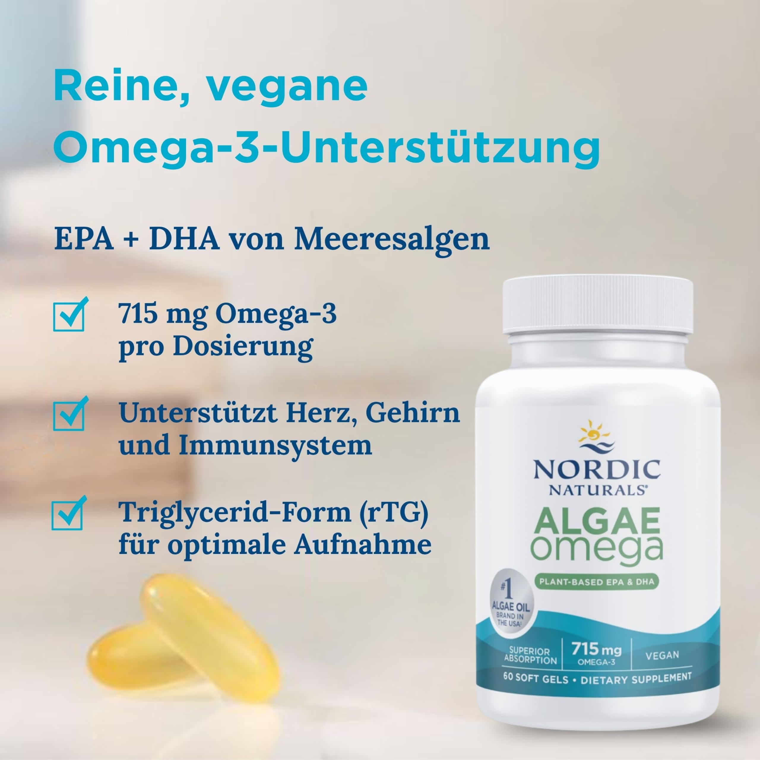 Nordic Naturals Algae Omega, vegane Omega-3-Kapseln aus Algenöl, 715 mg, mit EPA und DHA, 60 Omega-3-Softgels, vegan, vegetarisch, soja- und glutenfrei