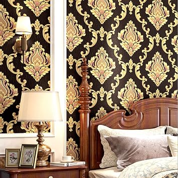Q QIHANG European Style 3D Damask PVC Wallpaper Living Room Bedroom TV Background Wall 20.87" Wx393.7 L Non-Pasted Dark Brown