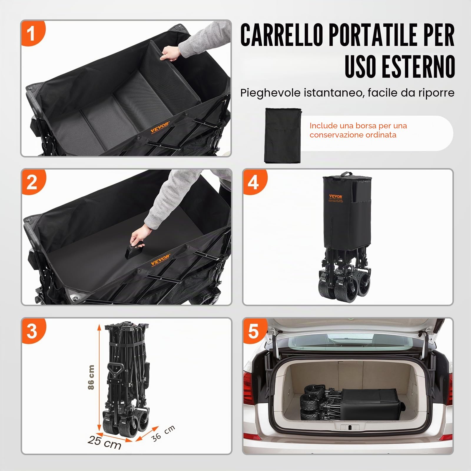 VEVOR Carro Pieghevole a Doppio Strato Capacità di Peso 350-450 Libbre, Carrello Portaoggetti in Tessuto Leggero Pieghevole con Rotelle, Trasportabile per Pesca Campeggio Shopping Giardino Picnic