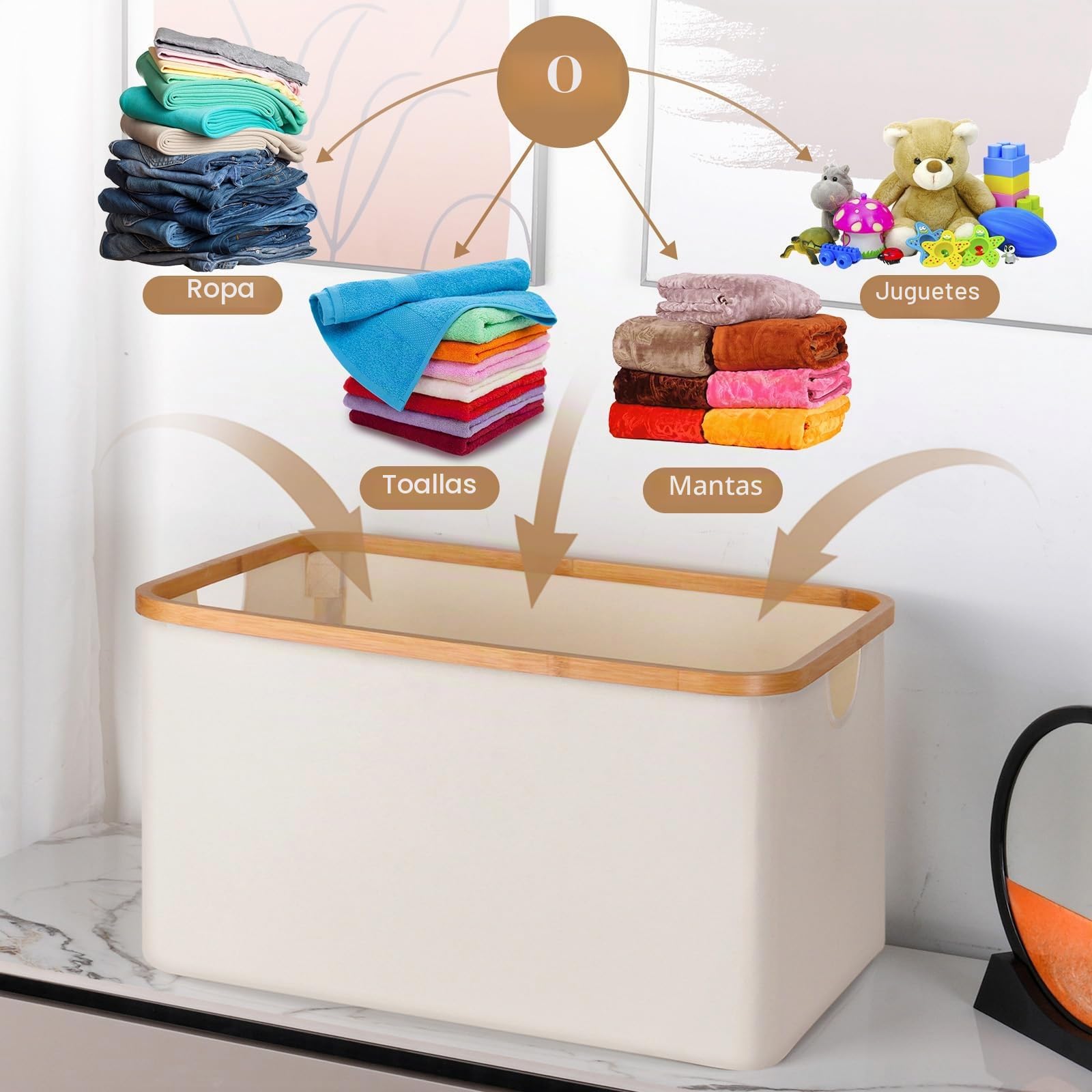 efluky Cesto Ropa Sucia Plegable Portátil Cesta Colada Laundry Basket de Bambú, Cesta de Almacenamiento Versátil con Asas Para Baño y Dormitorio, Lavandería, Juguete, 60L(Beige)