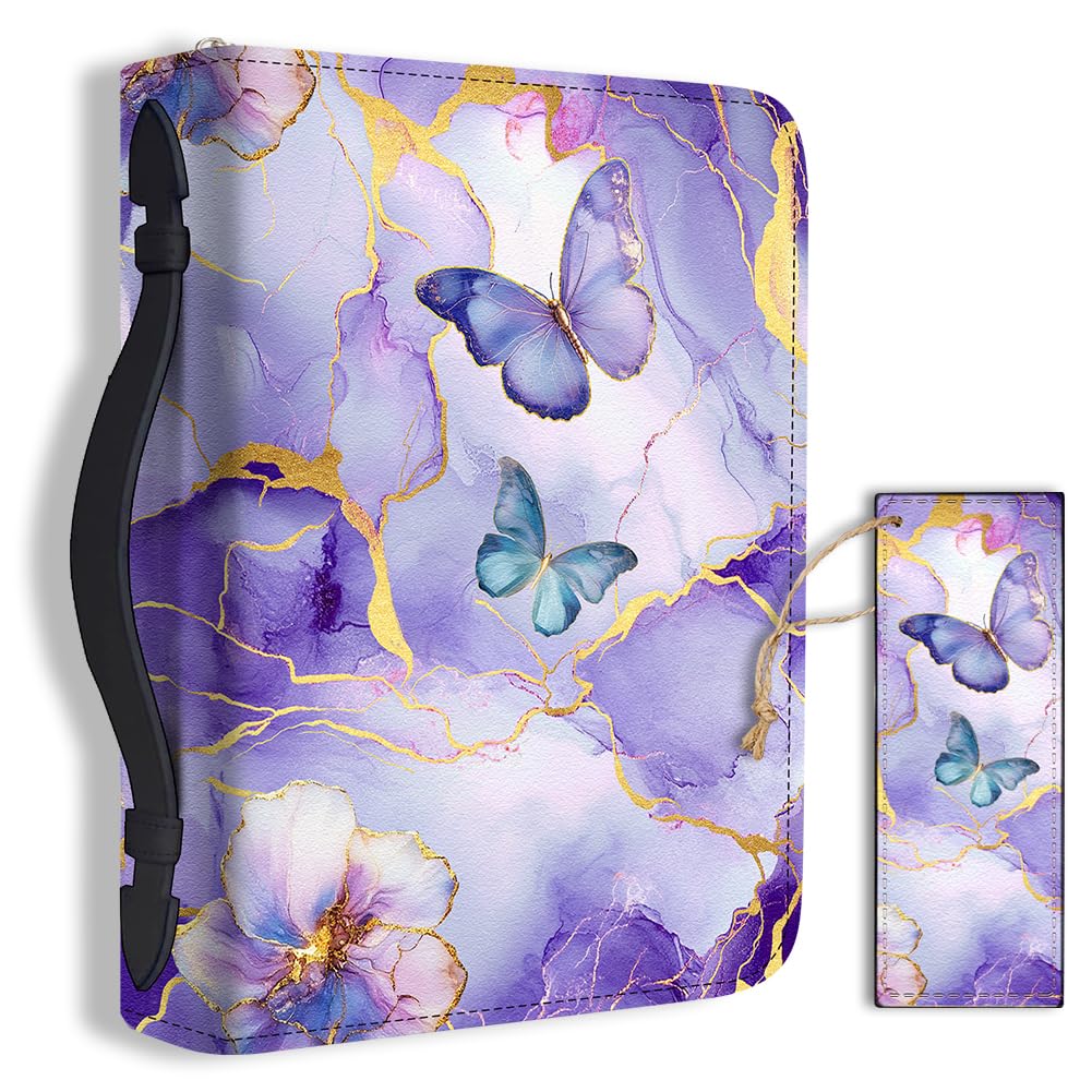Hobbspring 1pc Butterfly Large Bible Covers 20.3x28.5x5.9cm PU Leather Bible Case with Bookmark Purple Marble Texture Bible Carrying Case for Women Men Christian Bible Note Books Carrying Accessories