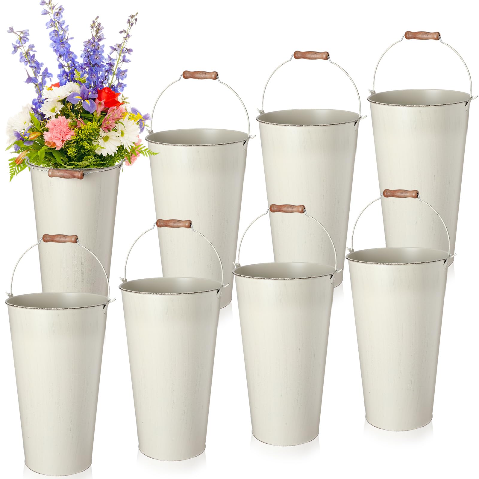 Mumufy 8 Pcs 13.8 Inch Galvanized Metal Tin Bucket with Handle Farmhouse Flower Vases Rustic Decorative Large Floor Vase Vintage Home Decor for Wedding Table Centerpiece Decorations (White)