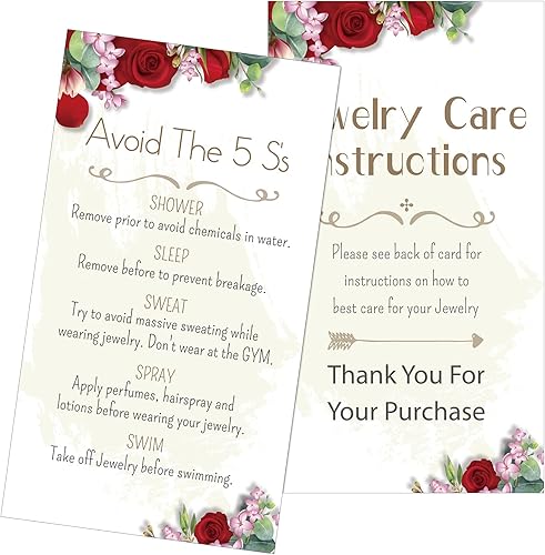 200 tarjetas de instrucciones de joyería, tarjetas de cuidado de joyas, instrucciones de cuidado de joyas, insertos de 3.5 x 2 pulgadas, embalaje de