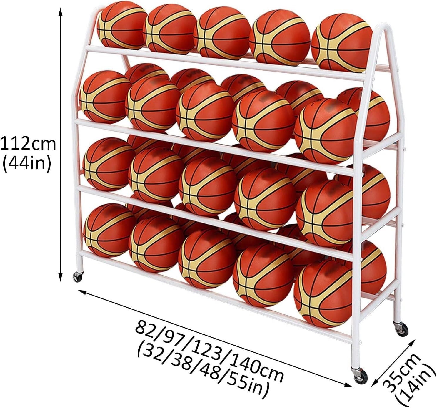 Basketballregal, Ballorganizer Garagenaufbewahrungsballregal 4-lagig, 35 Bälle Robuste Konstruktion, für Basketball, Fußball, Volleyball, Ballaufbewahrung Garagenorganisator (Weiß 97cm (38 Zoll), Weiß
