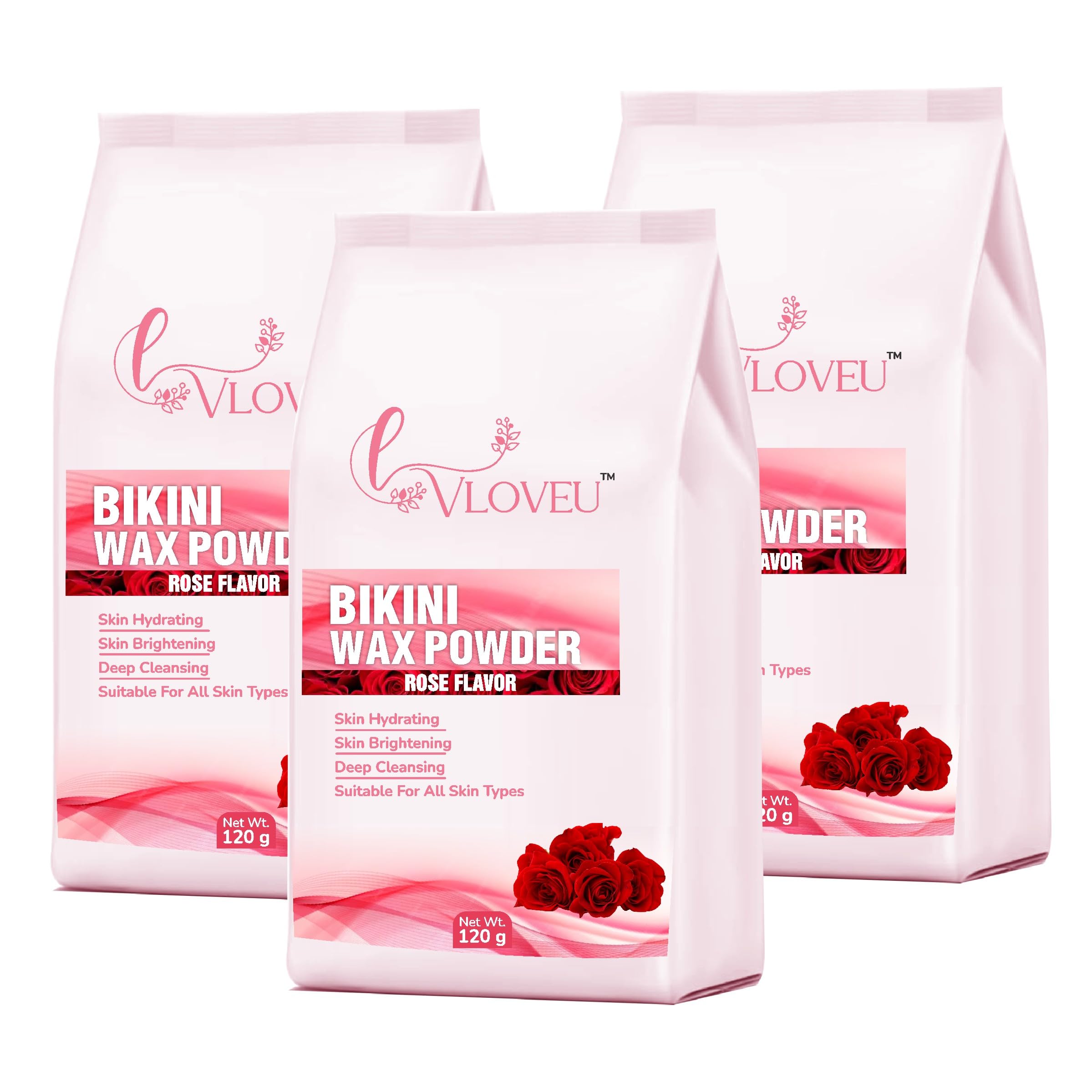 VLOVEU - Rose Bikini Wax Powder for Women - 120g, Pack of 3 | 5 Minutes Painless Herbal Wax Powder for Hair Removal | Easy to Use at Home, No Chemicals - No Irritation, Bikini Wax for Women and Girls
