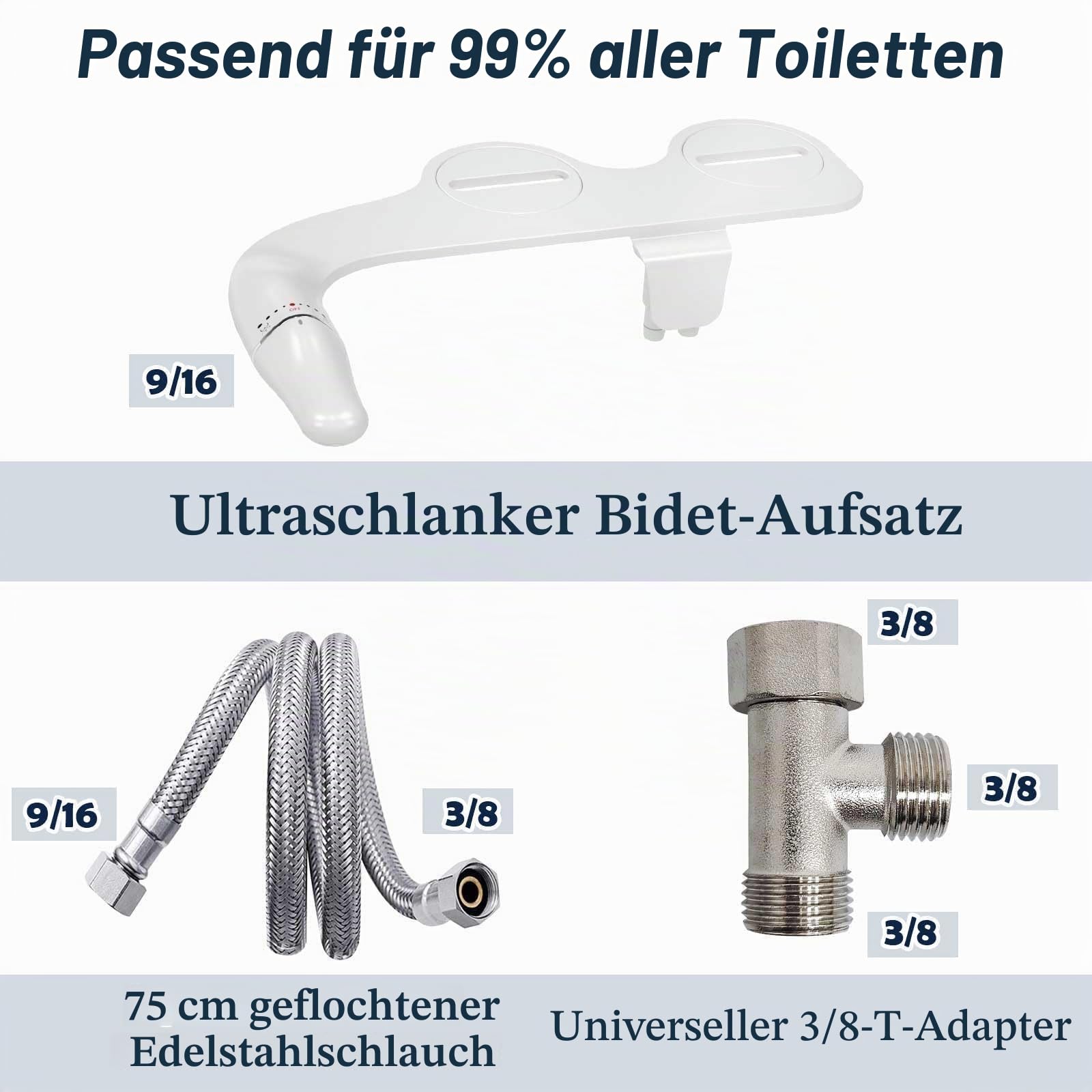 Ultradünnes Bidet Aufsatz Für Toilette, Anti-Verstopfungs-Design, Drehstab Ergonomischem Griff Für Einstellbaren Wasserdruck, Messingeinlass Und Anschlusskit Aus Edelstahl, Po-Dusche（Weiß）