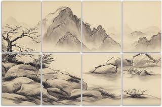 8 Pack Art Acoustic Panels Sound Absorbing Chinese Ancient Landscape Tradition Mountains Mist Trees Rocks River Decorative Soundproof Wall Panels Self Adhesive for Recording Studios Office 48"x32"