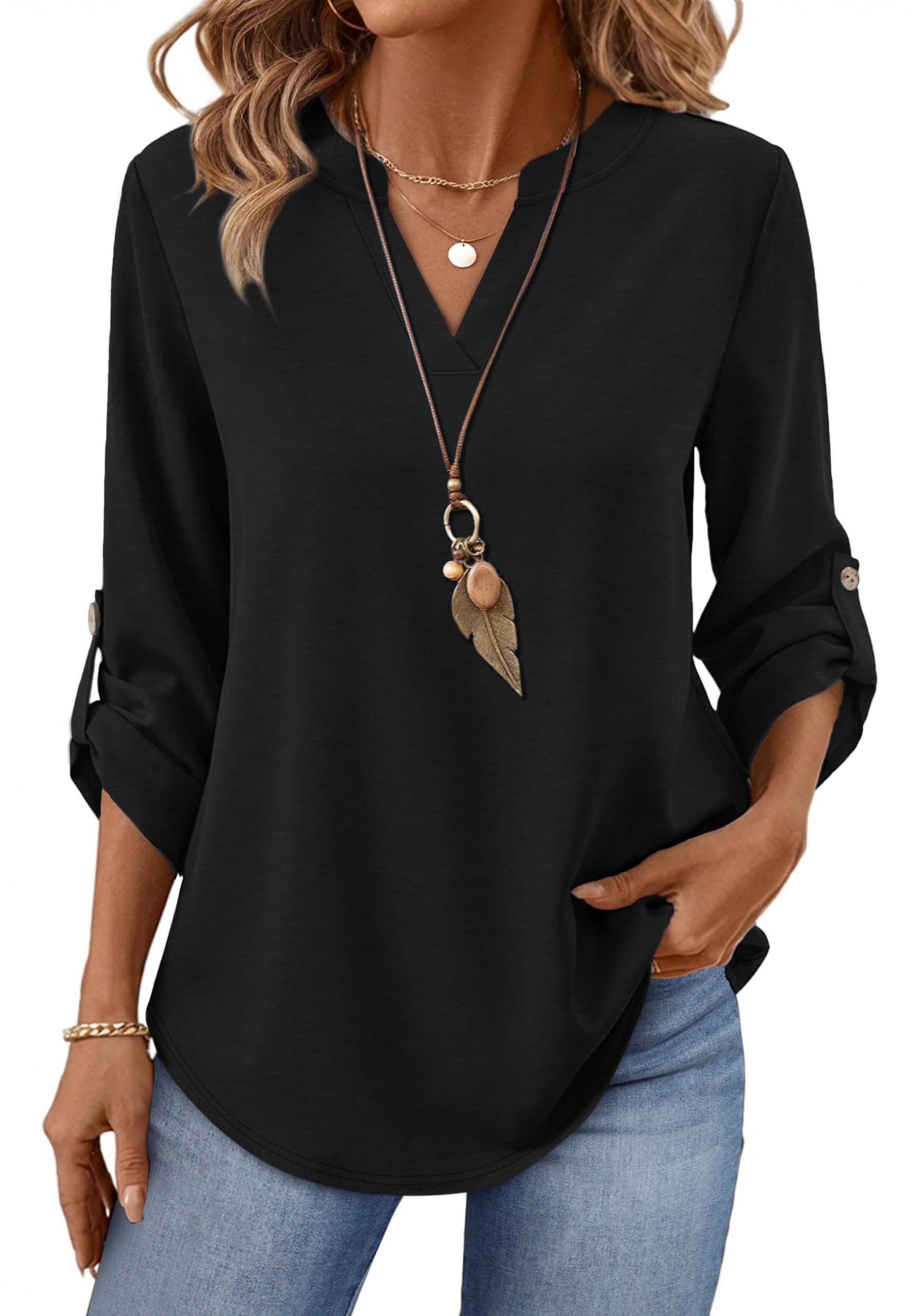 XIEERDUO 3/4 Length Sleeve Blouses Women Dressy Casual Tops Women V Neck Shirts Trendy Clothing 2026 with Smocked Cuffs