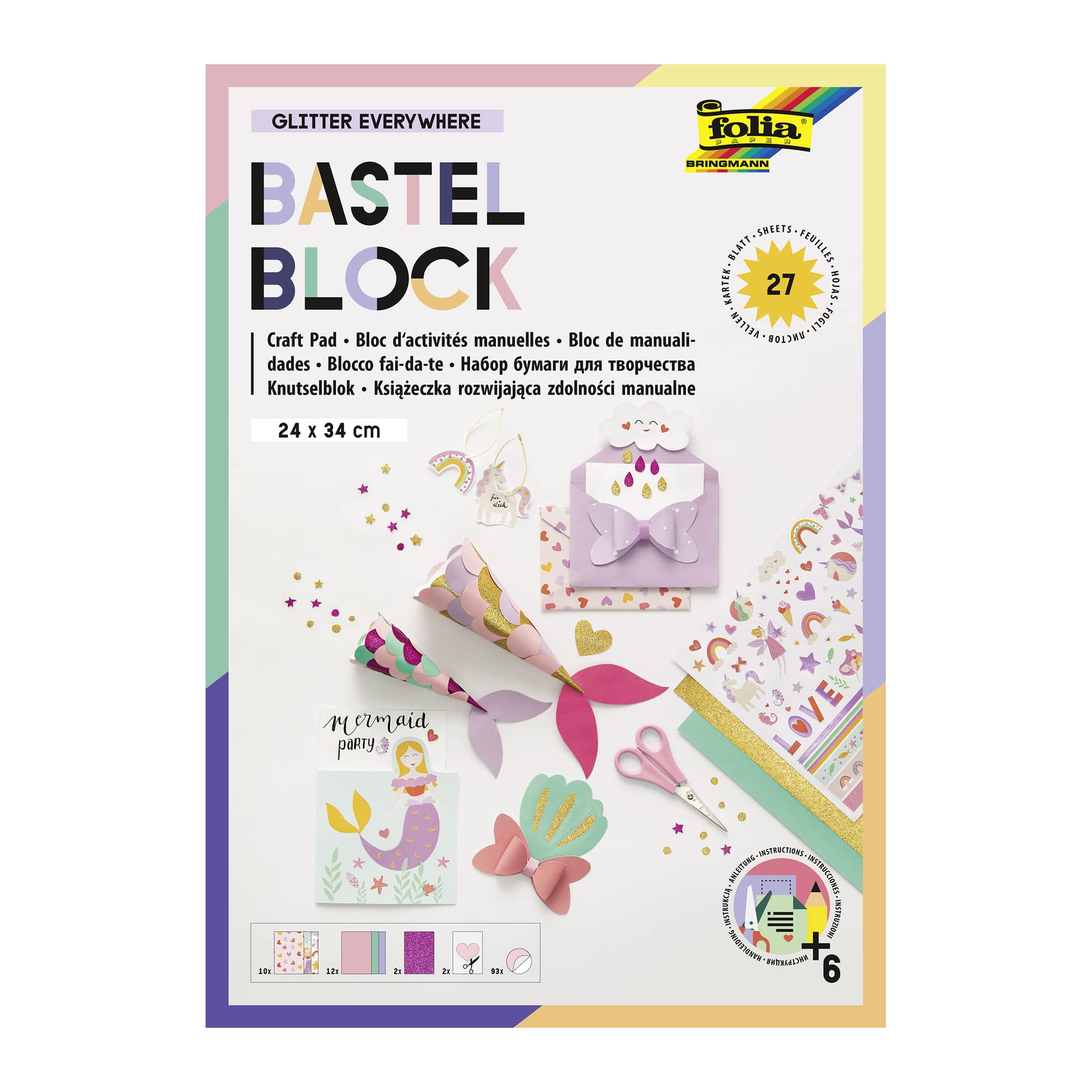 folia Everywhere 49102 49102 Craft Pad with 27 Sheets of Craft Paper in 24 x 34 cm with Printed Photo Card, Coloured Paper, Glitter Paper, Pre-Drawn Shapes and Stickers, Multi-Colour