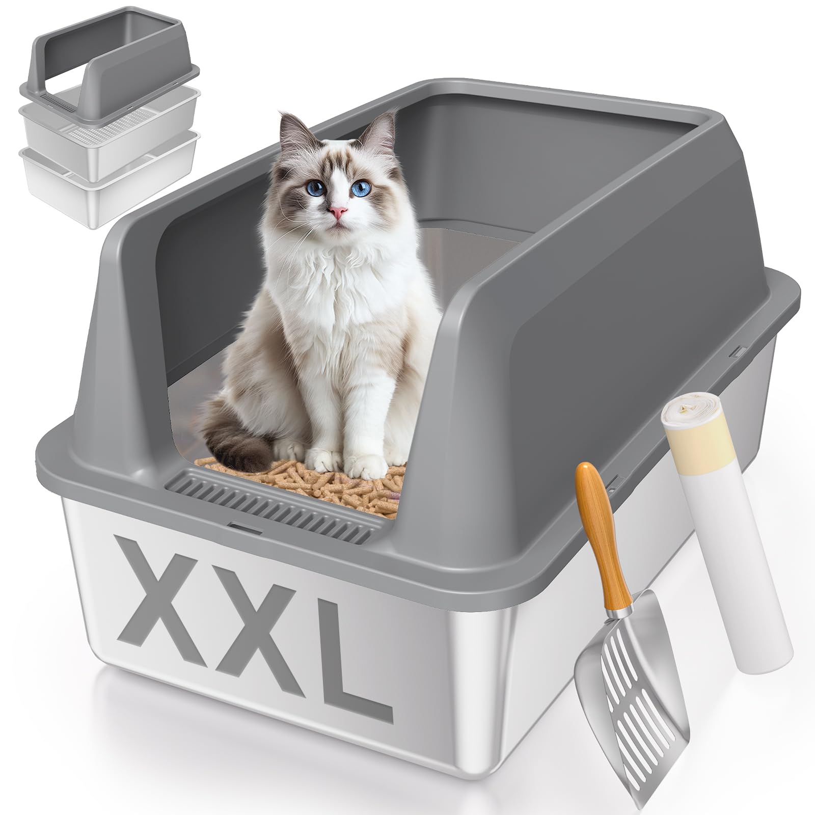 Stainless Steel Sifting Litter Box with Lid, High Sides XXL Extra Large Sifting Cat Litter Box for Pine Pellets & Big Cats, Sifter Litter Pan System for Odor Control,Sifting Box Liners & Scoop