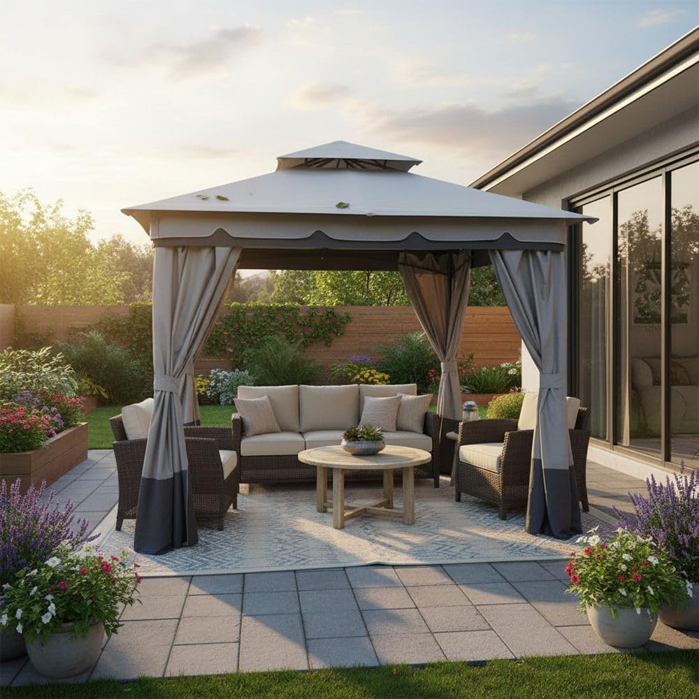 Danube Home Delight Gazebo Steel Frame With Polyester Roof | Square Shape Tent With Curtain | Water And Uv Resistant Garden Patio Canopy | Modern Outdoor Furniture 2.7X2.7M - Grey