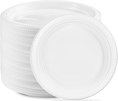 PLASTICPRO 400 platos redondos de plástico blanco de 9 pulgadas, platos desechables de plástico de alta calidad, ligeros, para fiestas, bodas