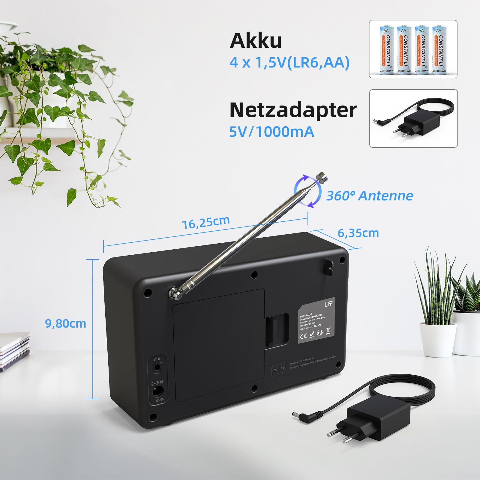 DAB Radio, LFF DAB Plus Radio, Dab Digitalradio, Digital Radios mit Bluetooth, Kleines Radios mit Netzstecker, Küchenradio Dab+ Batteriebetrieben UKW, 2,4" Farbdisplay Schwarz