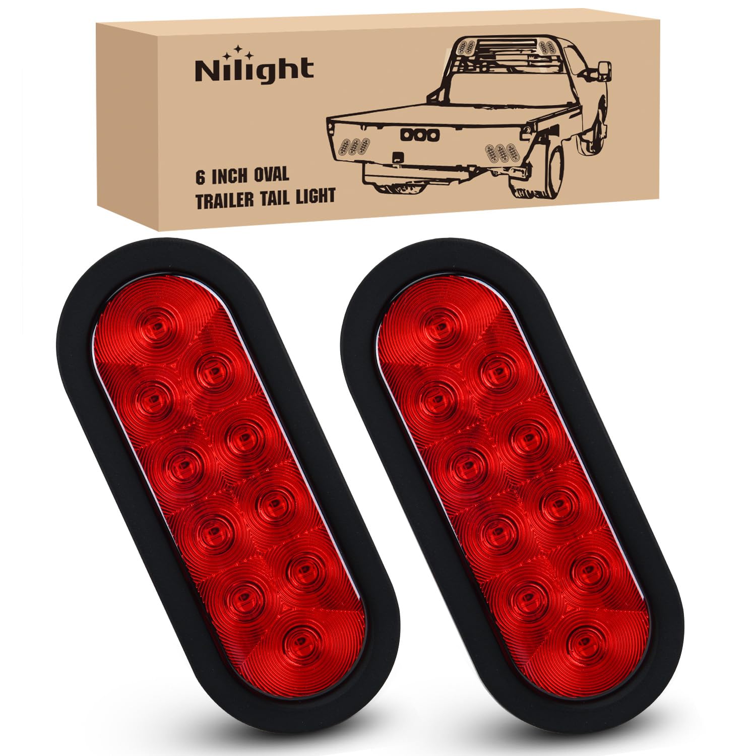 Nilight 6" Oval LED Trailer Tail Lights,Red, 2 Pack, Grommets Mount