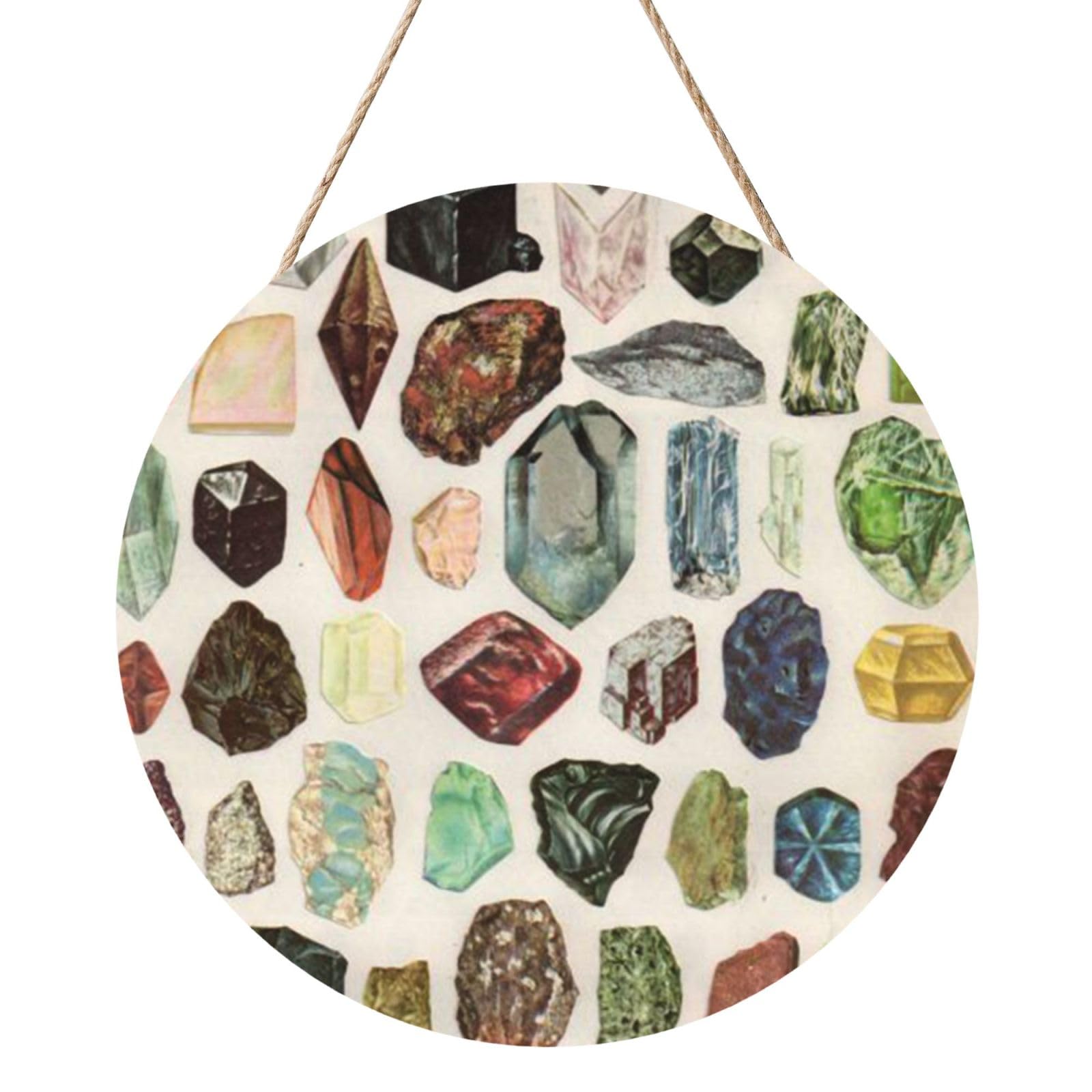 InOmak Vintage Geology Gemstone Crystal Minerals, Round Wood Panel Painting 12 in, Wall Hanging Painting For Home