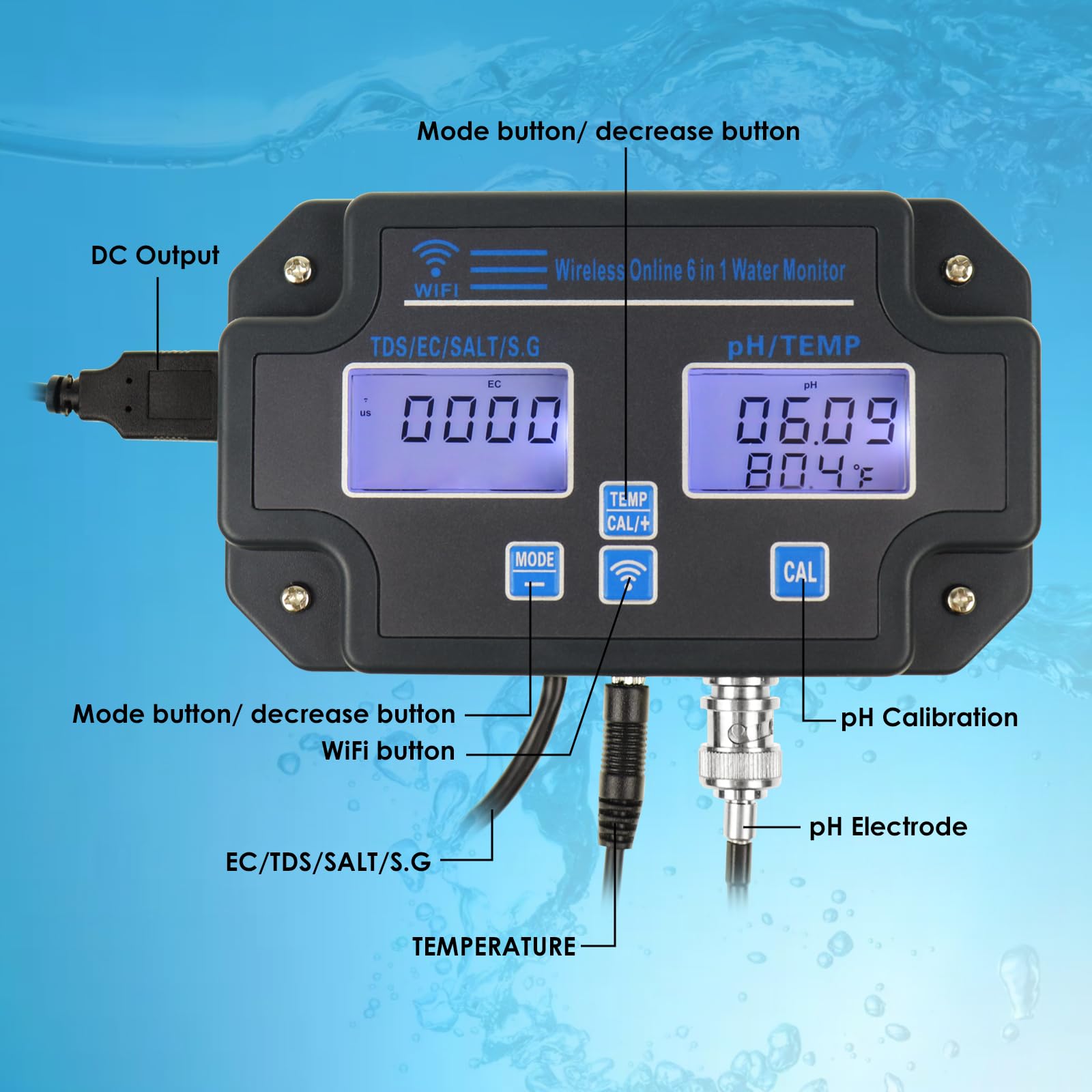 6 in 1 Multiparameter pH-Tester: pH/EC/TDS/Salz/SG/Temperatur mit Drahtloses WLAN Überwachung über Mobile APP Einfach 3-Punkte-Kalibrierung für Fischteiche, Aquarien, Hydrokulturen