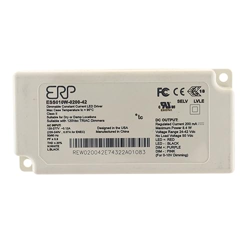 ERP ESS010W-0200-42 Fuente de alimentación LED 120-277 Vac, 87% eff, carcasa de plástico rectangular, fase delantera e inversa y atenuación de 0-10