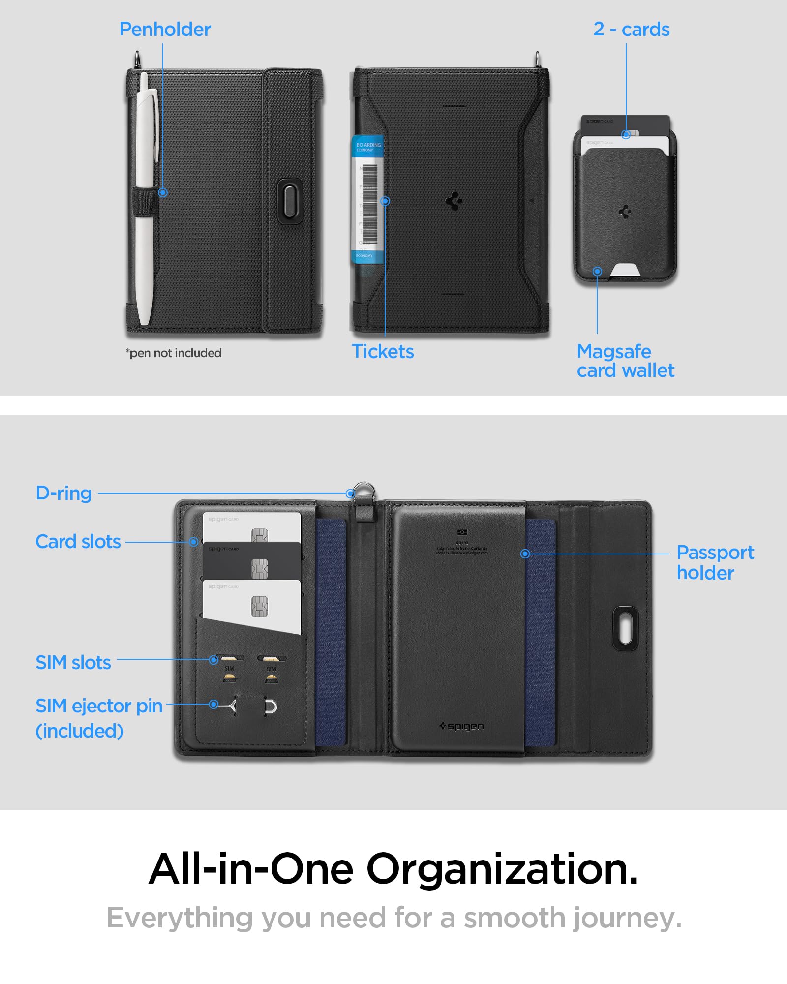 Spigen Life KD502 Porta Passaporto Magnetico con Tasca Portacarte Rimovibile MagSafe, Doppia Custodia per Passaporto con Protezione RFID, Slot per Scheda SIM e Moschettone - Nero