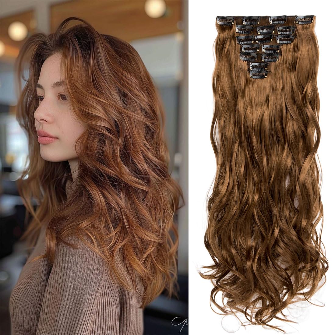 Swy Hair Clip in Hair Extensions Body Wave 22 inches 7Pcs 150g Straight Hair Synthetic Hair Extensions (W-Light Brown, Wavy)