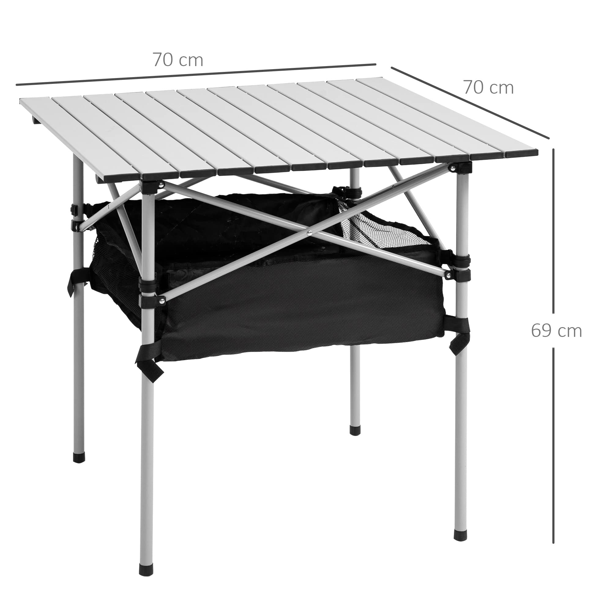 Outsunny Mesa de Camping Plegable Mesa Plegable Portátil Multifuncional con Espacio Almacenaje de Malla y Bolsa de Transporte para Jardín Balcón Patio Exterior 70x70x69 cm Plata