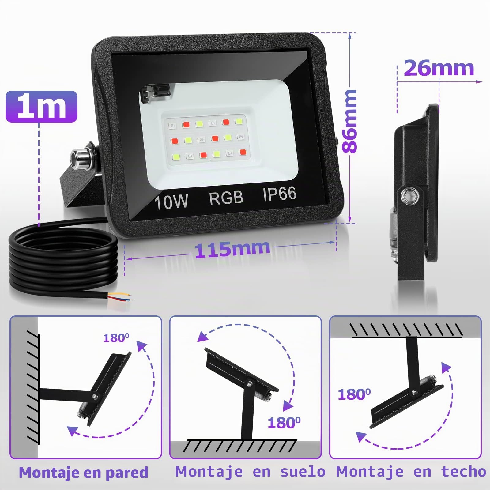 Foco RGB de 10 W, 8 unidades, foco LED RGB con mando a distancia, foco LED RGB regulable con 16 colores, 4 modos, IP66 resistente al agua, foco RGB exterior para fiestas, jardín, luz ambiental