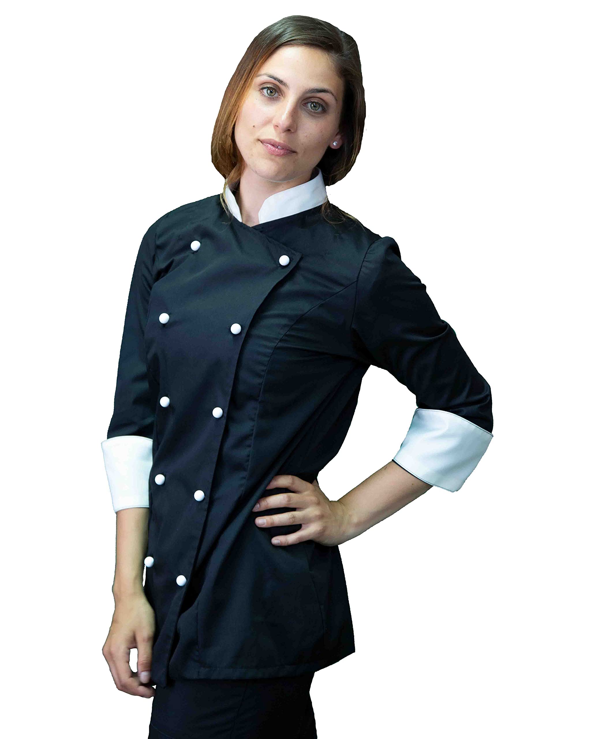Bordado Gratuito - Chaqueta de cocinero para mujer - Casaca Chef negro y crema - Uniforme personalizable para cocina y restaurante - Made in Italy, Negro y crema, XXX-Large