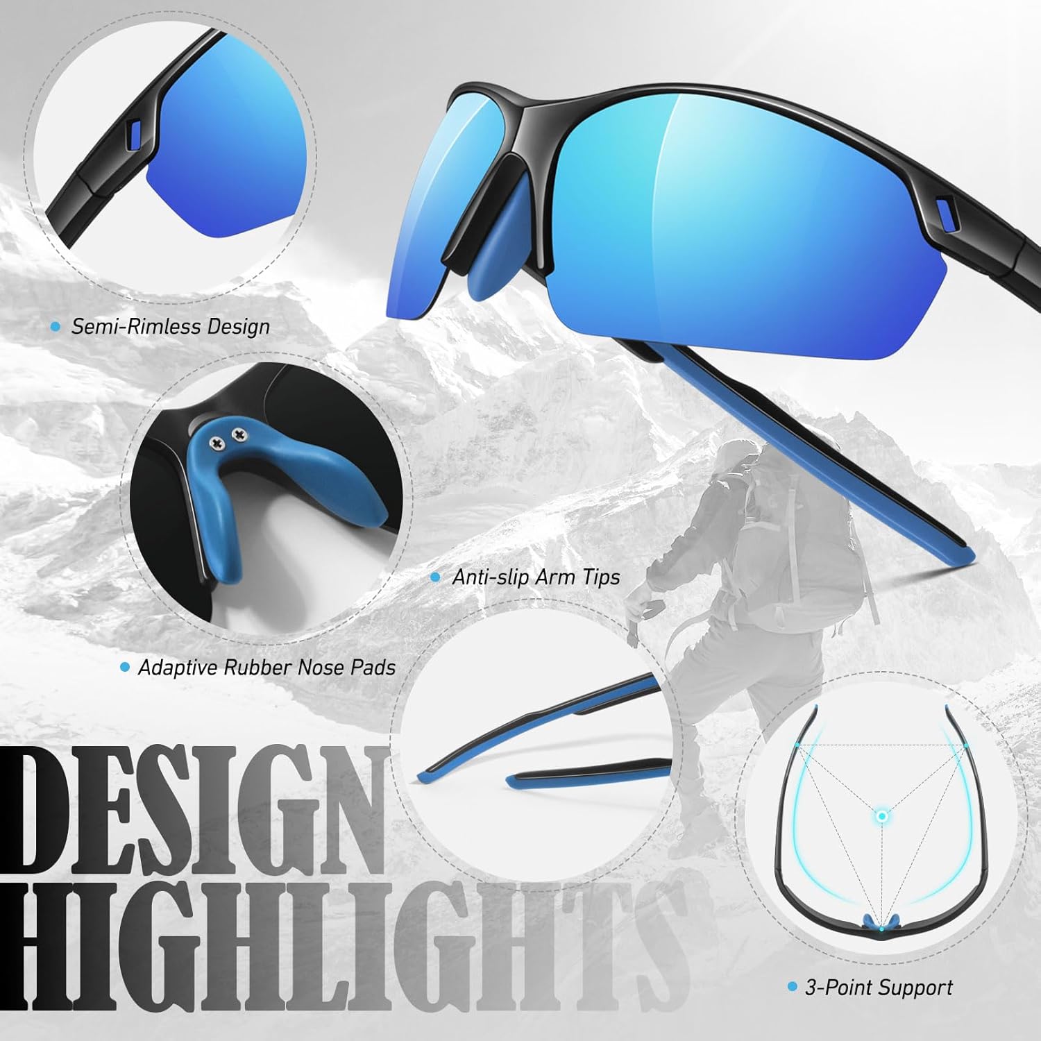 Polarized Sunglasses Men Womens,Flexible TR90 Semi Rimless Frame,Wraparound UV400 Sports Sun Glasses Running Fishing - Image 5