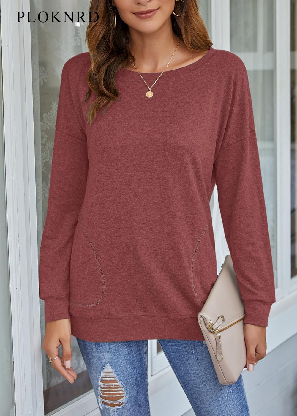 PLOKNRD Women Casual Round Neck Long Sleeve Fit Tunic Top Baggy Comfy Blouse with Pockets - Image 3