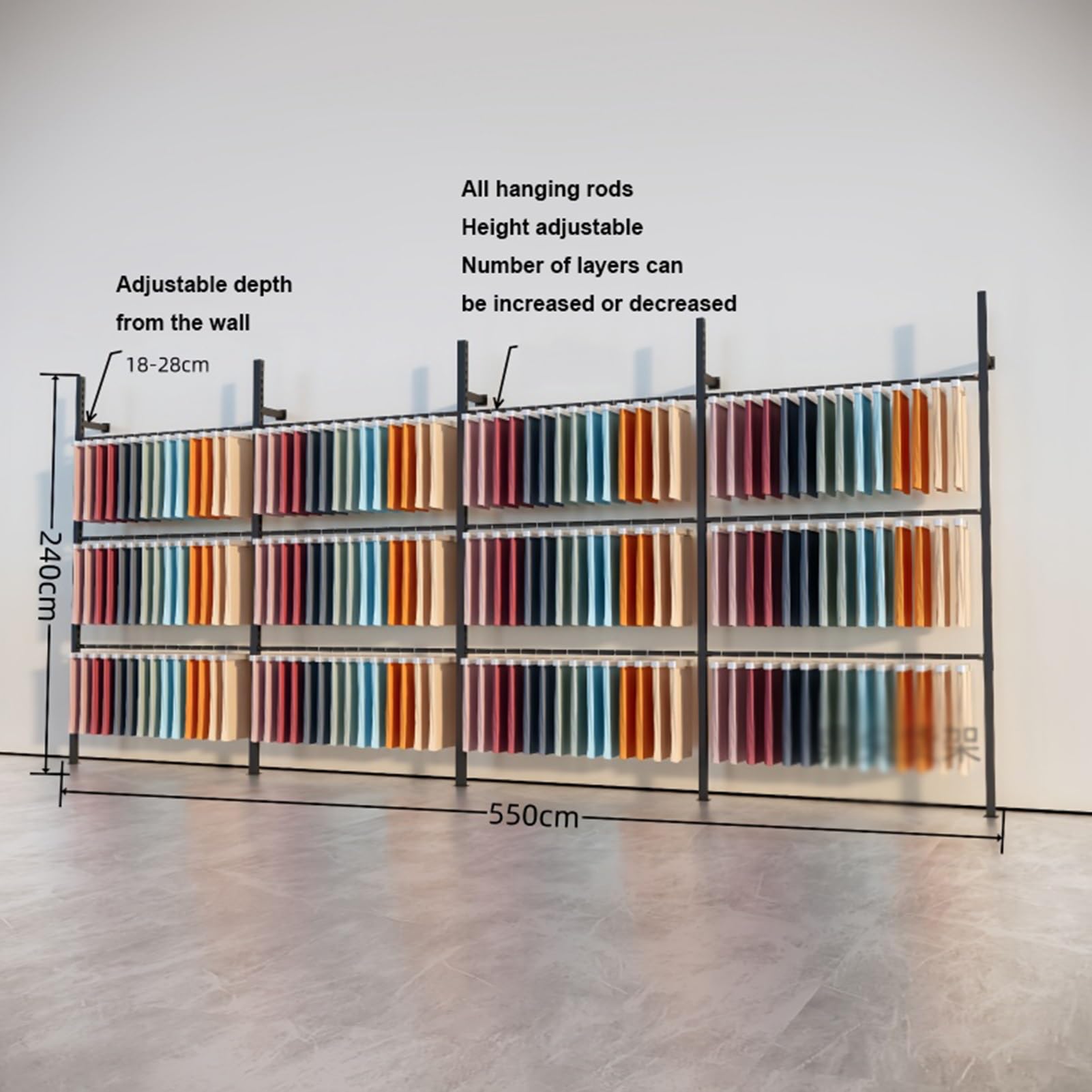 Generisch Verstellbarer Stoffmusterständer, Wandregal für Textilrollen, großes Schal- und Unterwäscheregal für Einzelhandelsgeschäfte und Boutiquen (550 x 240 cm)