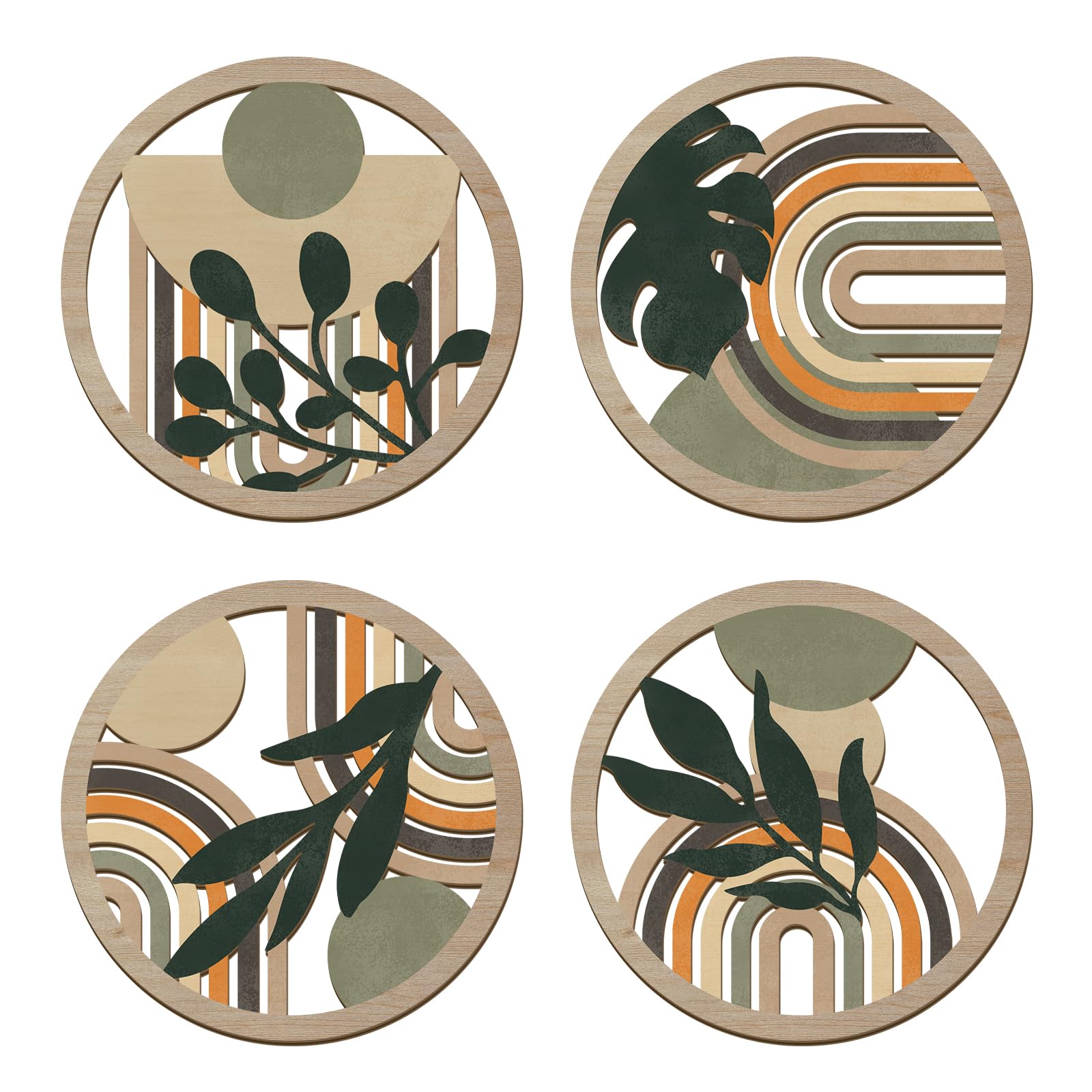 HPNIUB 4Pcs Boho Tropical Leaf Round Wall Decor Mid Century Modern Wood Wall Art Geometric Arch Wooden sign Abstract Minimalist Botanical Wall Hangings for Living Room Bedroom Hallway Office 29×29CM