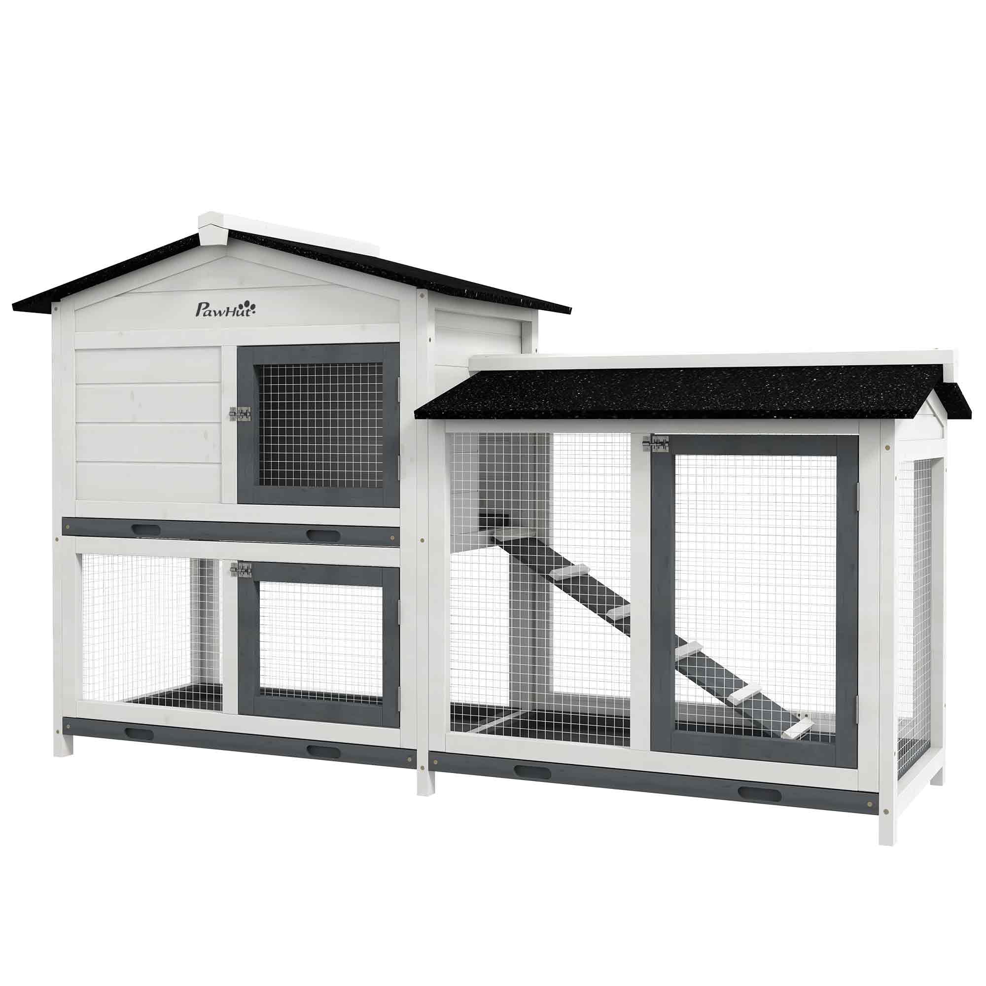 PawHut 2-Story Rabbit Hutch Wooden Bunny Hutch Cage Small Animal House with Ramp, No Leak Tray, Weatherproof Roof and Outdoor Run, Indoor/Outdoor, Gray