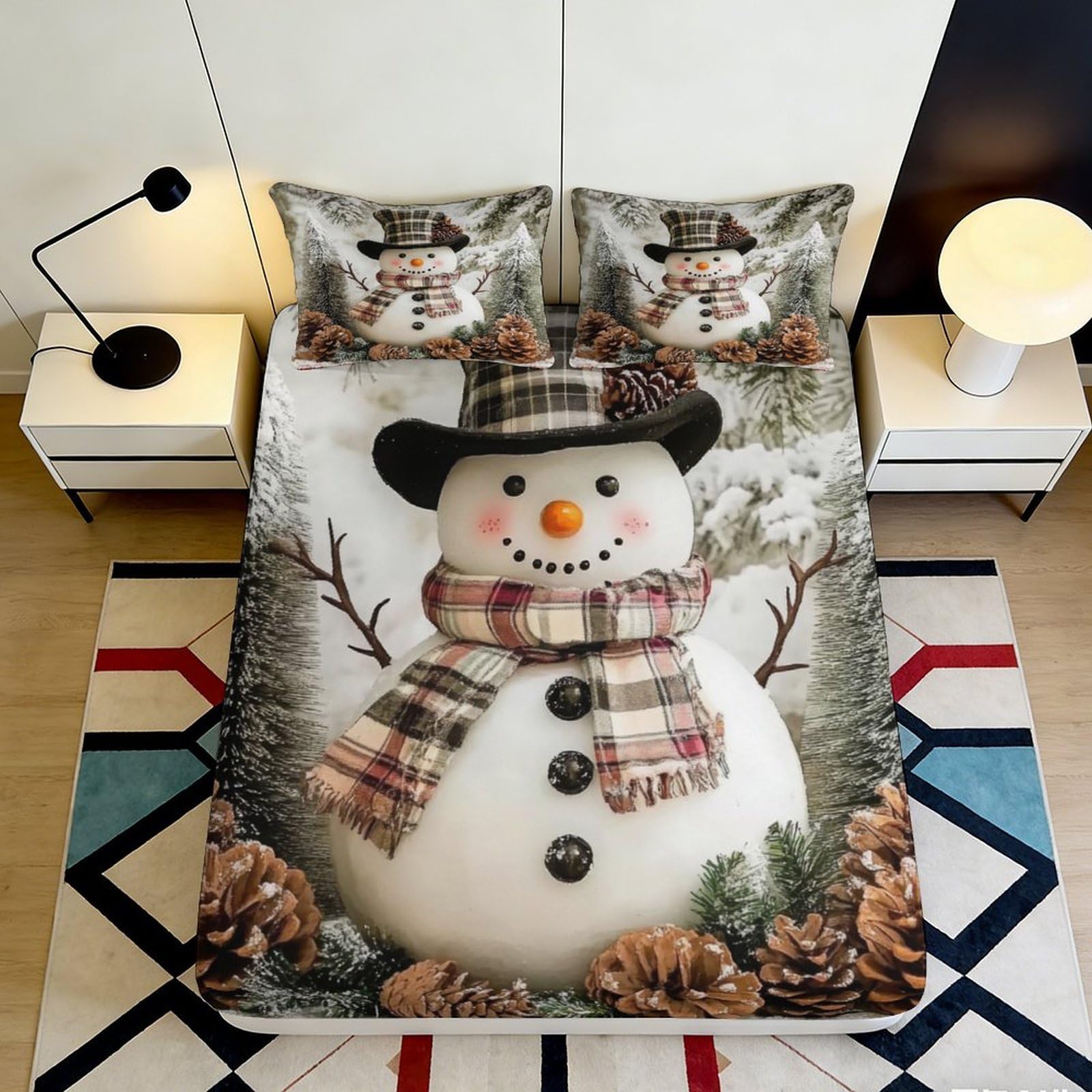 3D Printed Snowman Pine Forest Fitted Sheet Microfiber Soft Bed Sheet Winter Christmas Decor for Bedroom Guest Room 90x200x25cm