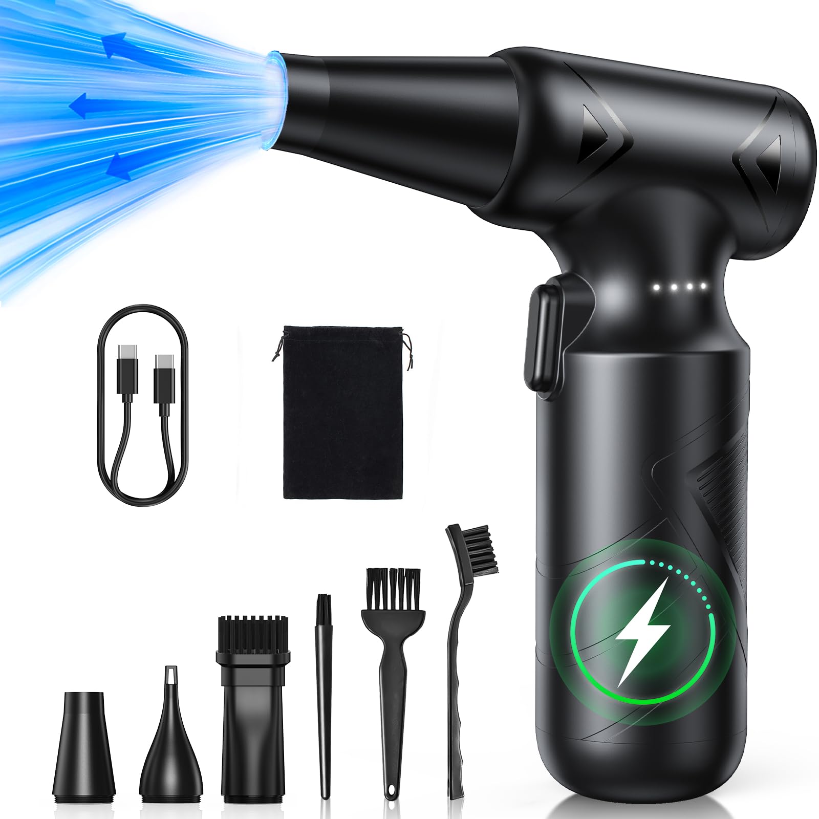 Famgoods Souffleur Air Comprimé,150000 tr/min,3 Vitesses Soufflette Sans fil à Batterie Puissant,Mini Souffleur PC,Soufflette Electrique avec lumière LED Adapté Clavier,Voiture,Maison Propre,Extérieur