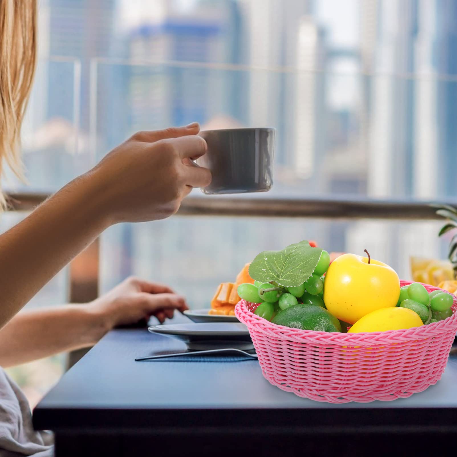 FOMIYES Fruit Organizer Rattan Storage Basket Kitchen Fruit Basket Hand- Woven Storage Tray Bread Food Basket Storage Holder Egg Bun Basket for Home Kitchen Use Pink Wicker Bread Basket