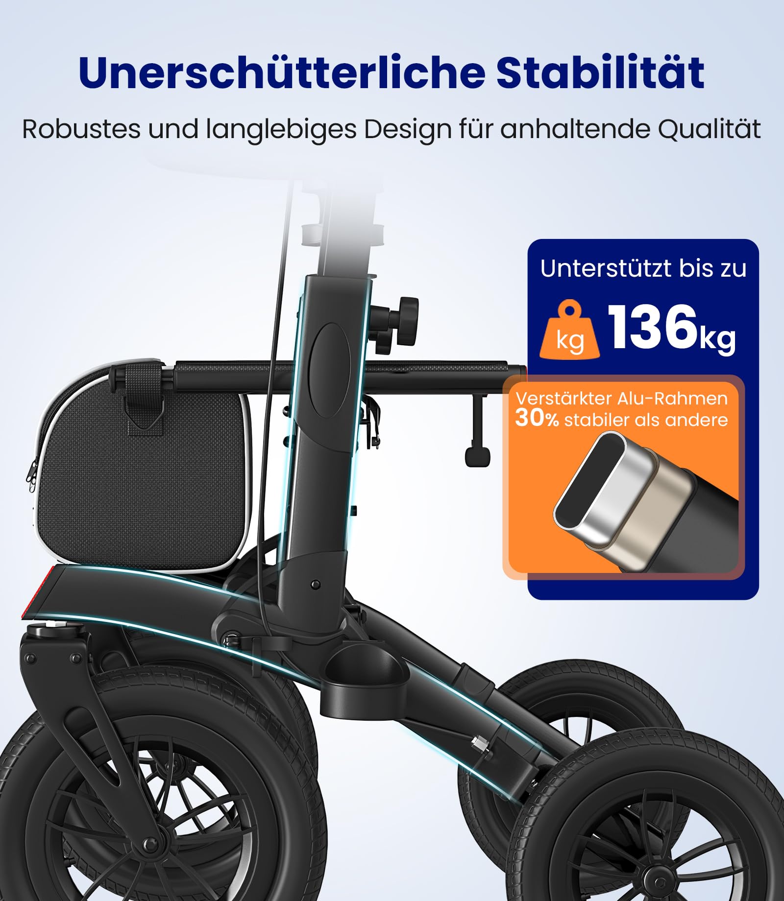 VOCIC Rollator Faltbar und Leicht mit Sitz Z52 Outdoor Walker Allen Gelände | Gummi-Nonluftbereifung, Aluminium Höhenverstellbare Rollatoren für Draußen & Langlauf & Reisen, Schwarz(5 Jahre Support)