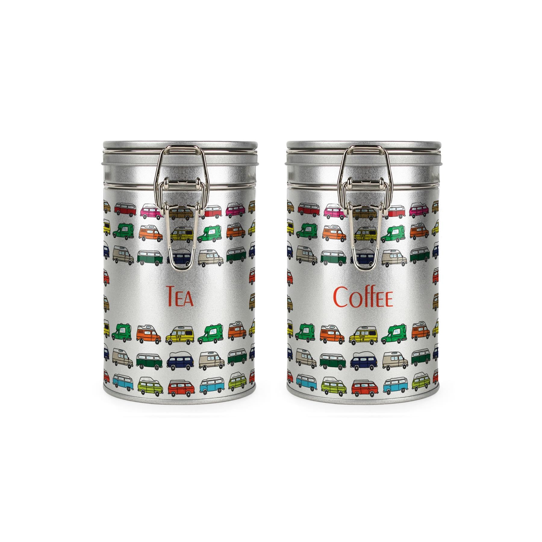Purely Home Campervans Tea & Coffee Canisters Set - Multicoloured Campers Holiday Gifts for Campervan Owners - Silver Metal Clip Lid Kitchen Food/Drinks Storage Jar/Container 600ml (14cm x 8.5cm)