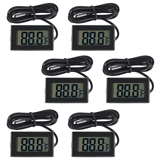 AITRIP 6-Pack TPM-10 Fahrenheit Digital Thermometer Wired for Car Greenhouse Indicator Indoor Room Freezer Refrigerator Aquarium with 1M