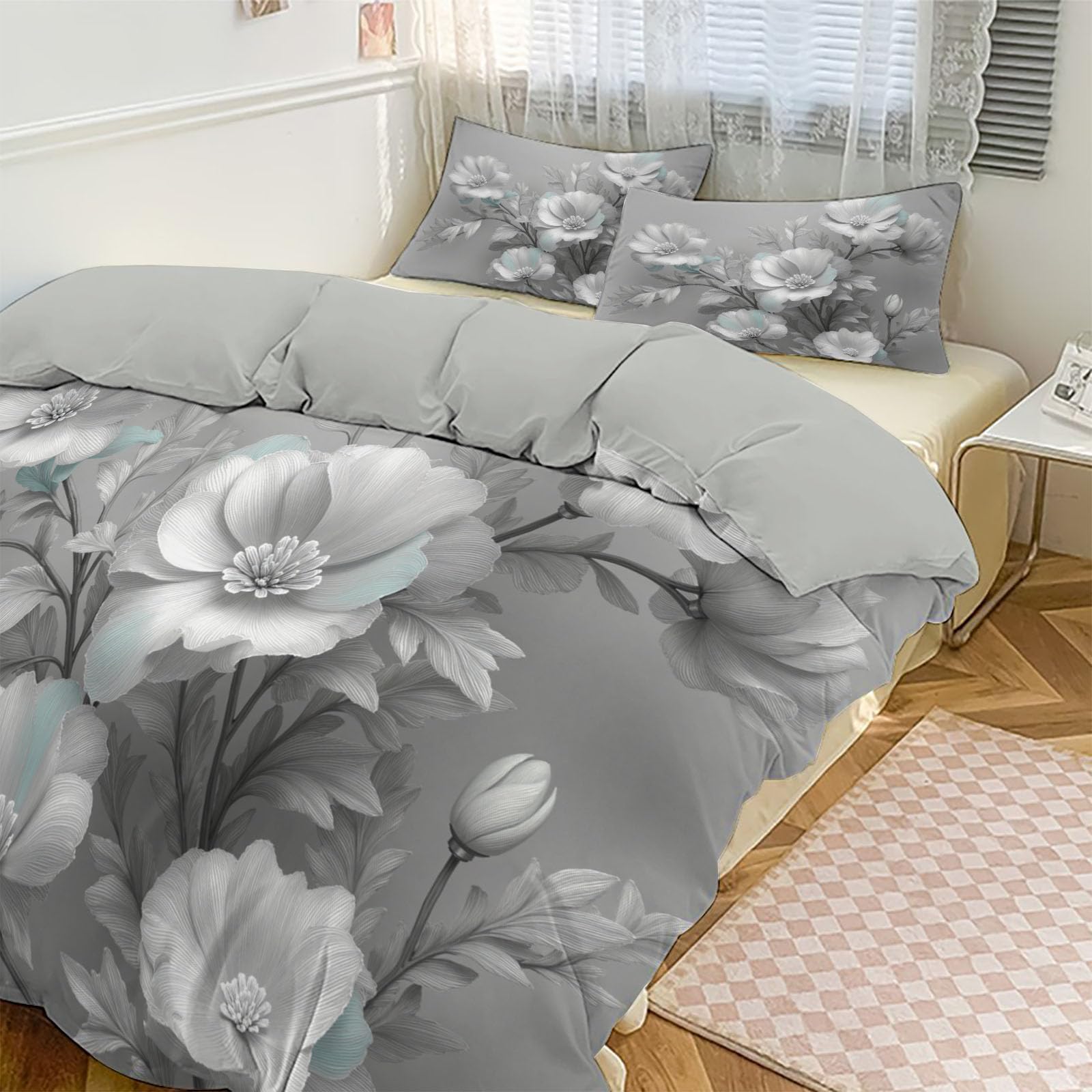 Housse de couette microfibre supérieure grise à motifs floraux élégants