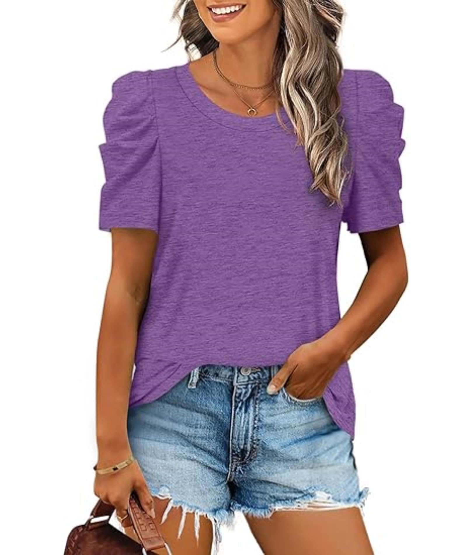 XIEERDUO Tops for Women Puff Sleeve Tunic Crew Neck T Shirts for Women Trendy Spring Summer Clothes for Women 2025