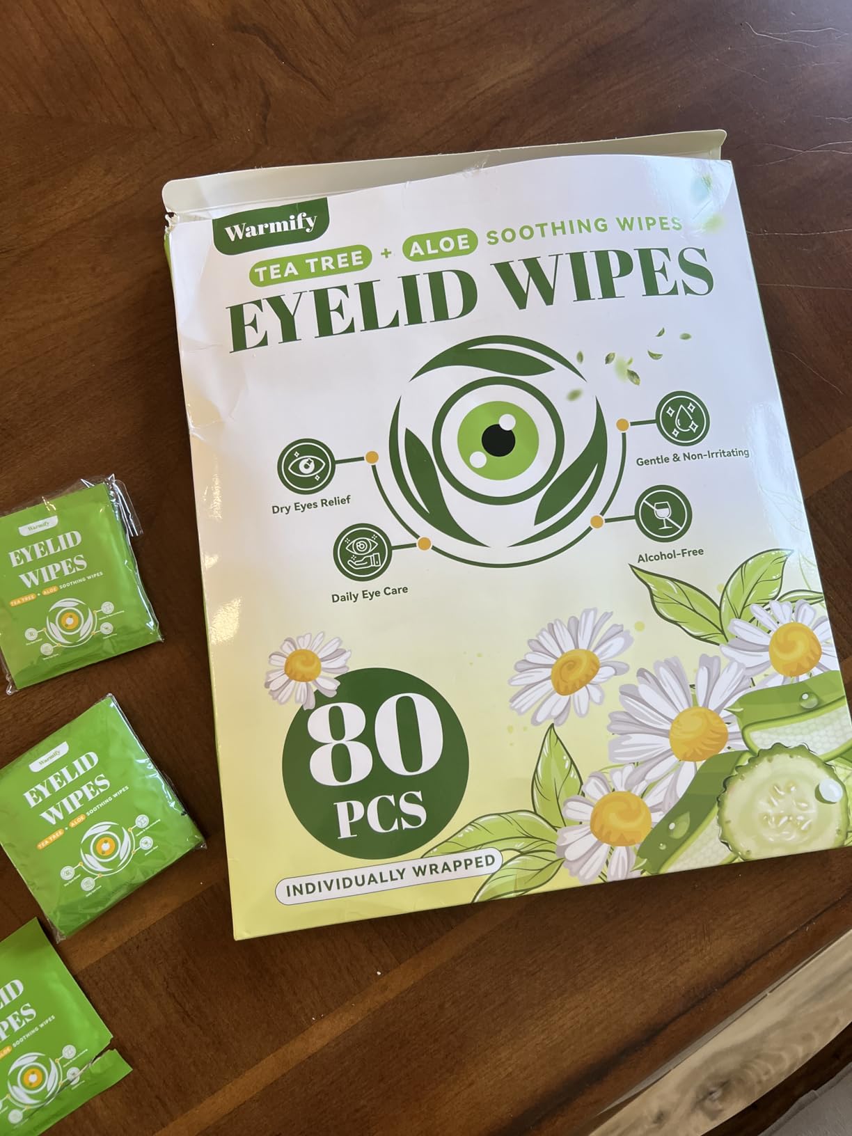 Warmify 80 Pcs Tea Tree Oil Eyelid Wipes, Individually Wrapped Eye Lid Cleansing Wipes for Sensitive Eyes, Gentle Daily Eyelid Cleanser for Dry Eyes, Lash & Lid Hygiene, Alcohol-Free