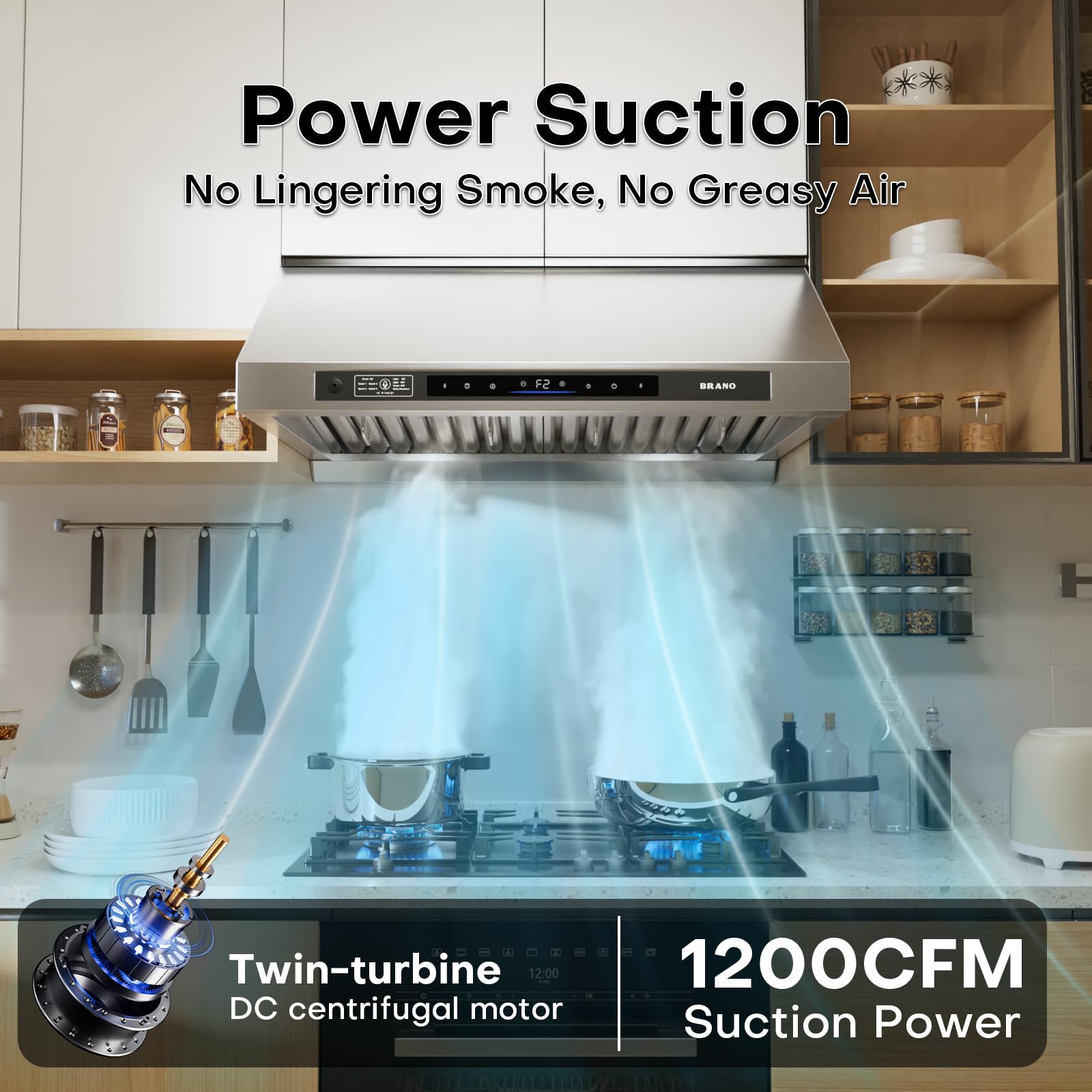 BRANO Under Cabinet Range Hood 30 Inch, 1200 CFM DC Motor Kitchen Hood with 6 Speeds Fan, Stainless Steel Ducted Vent Hood with Voice/Gesture/Touch Control,Memory Mode - 3