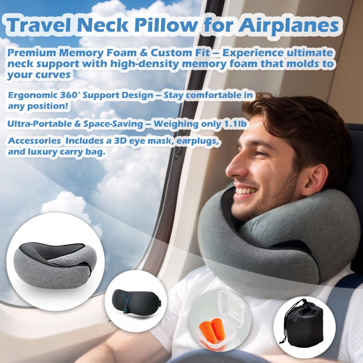 Travel Neck Pillow for Airplane, Adults Memory Foam Travel Neck Pillows, Ergonomic 360° Support Adjustable Velcro Neck Pillow for Airplanes Office Car, Compact Portable Adults Turtle Pillows (Grey)