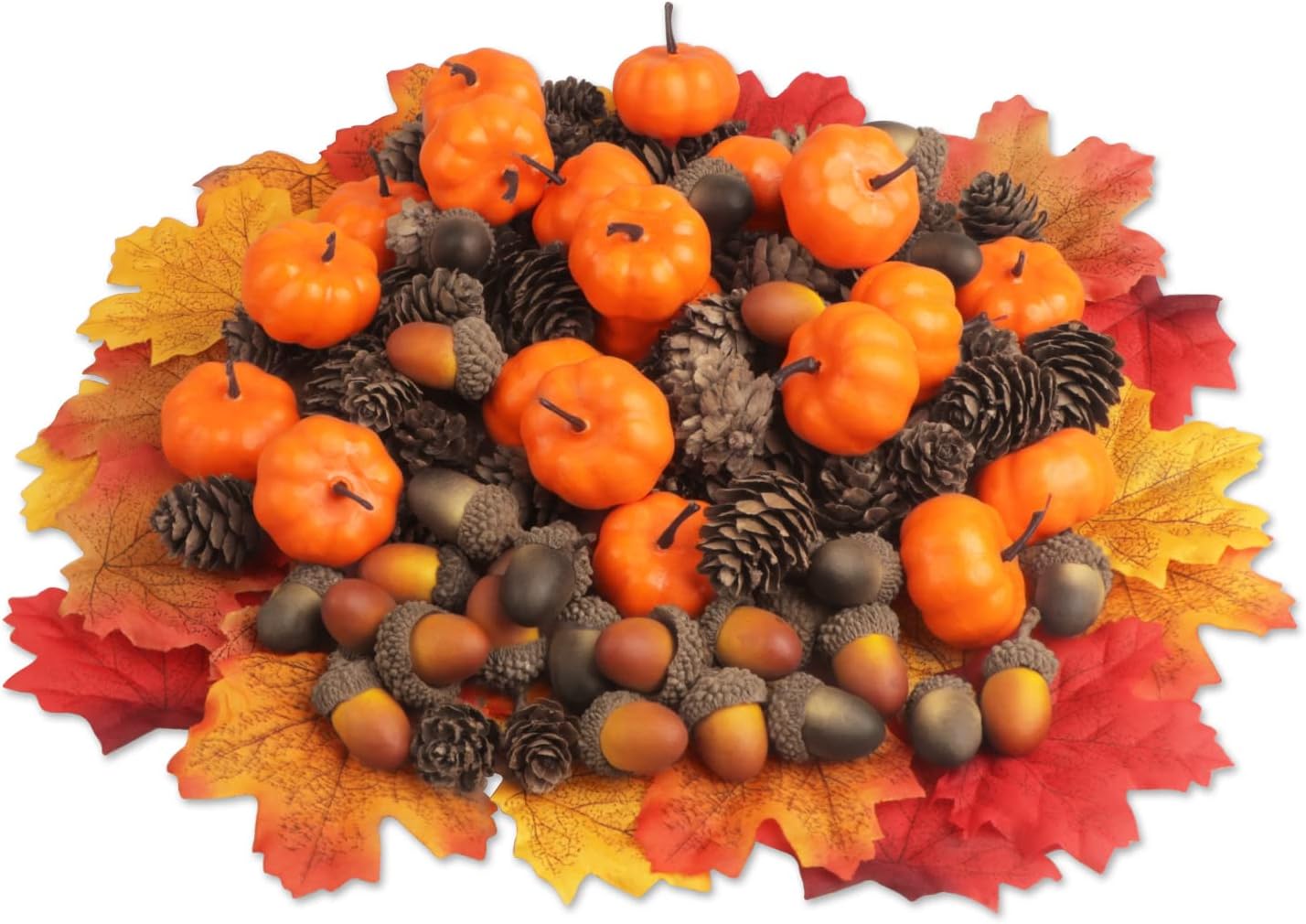 YiYa 150 Pieza Conos de Pino de acción de Gracias con Mini Calabazas, bellotas Artificiales, Hojas de Arce para otoño Fiesta Festiva acción de Gracias hogar Boda decoración