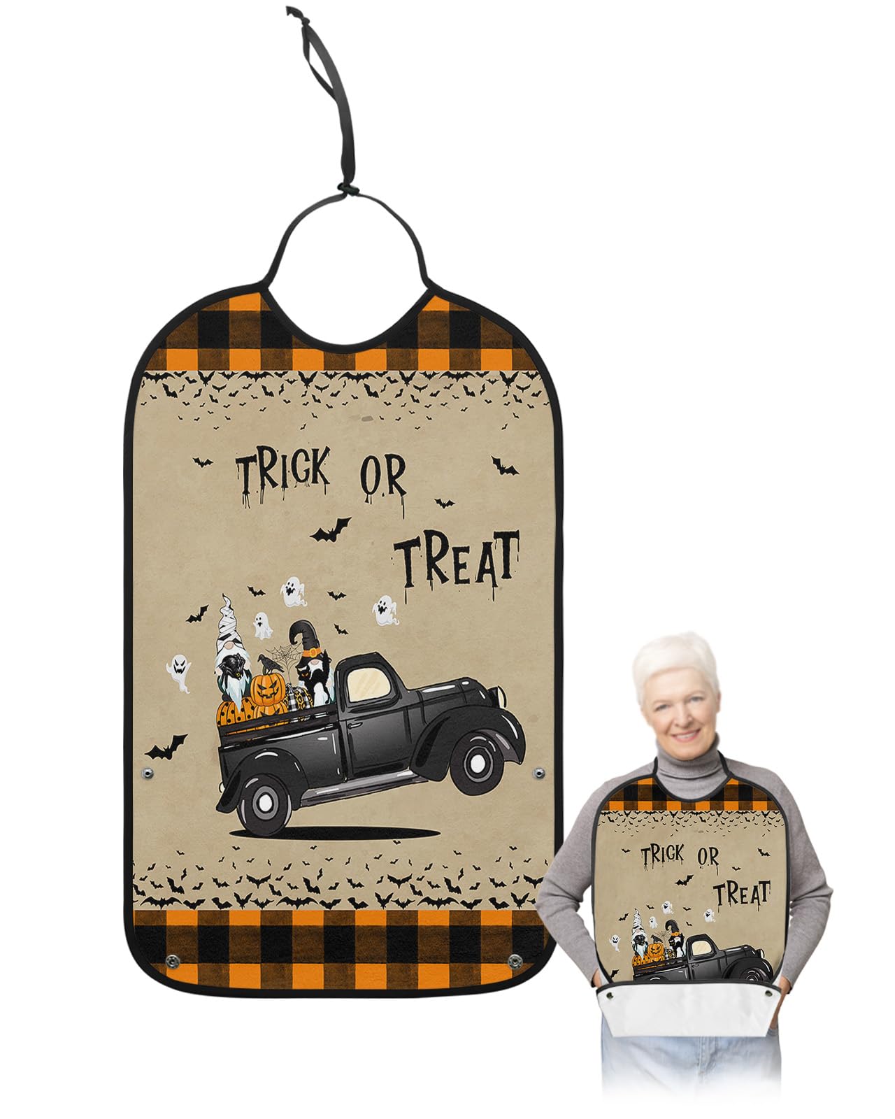 Halloween Truck Adult Bibs for Eating, Waterproof Bibs with Food Catcher & Adjustable Snap Closure, Orange Black Plaid Pumpkin Gnomes Washable Clothing Protectors Adult Bibs for Elderly Women/Men