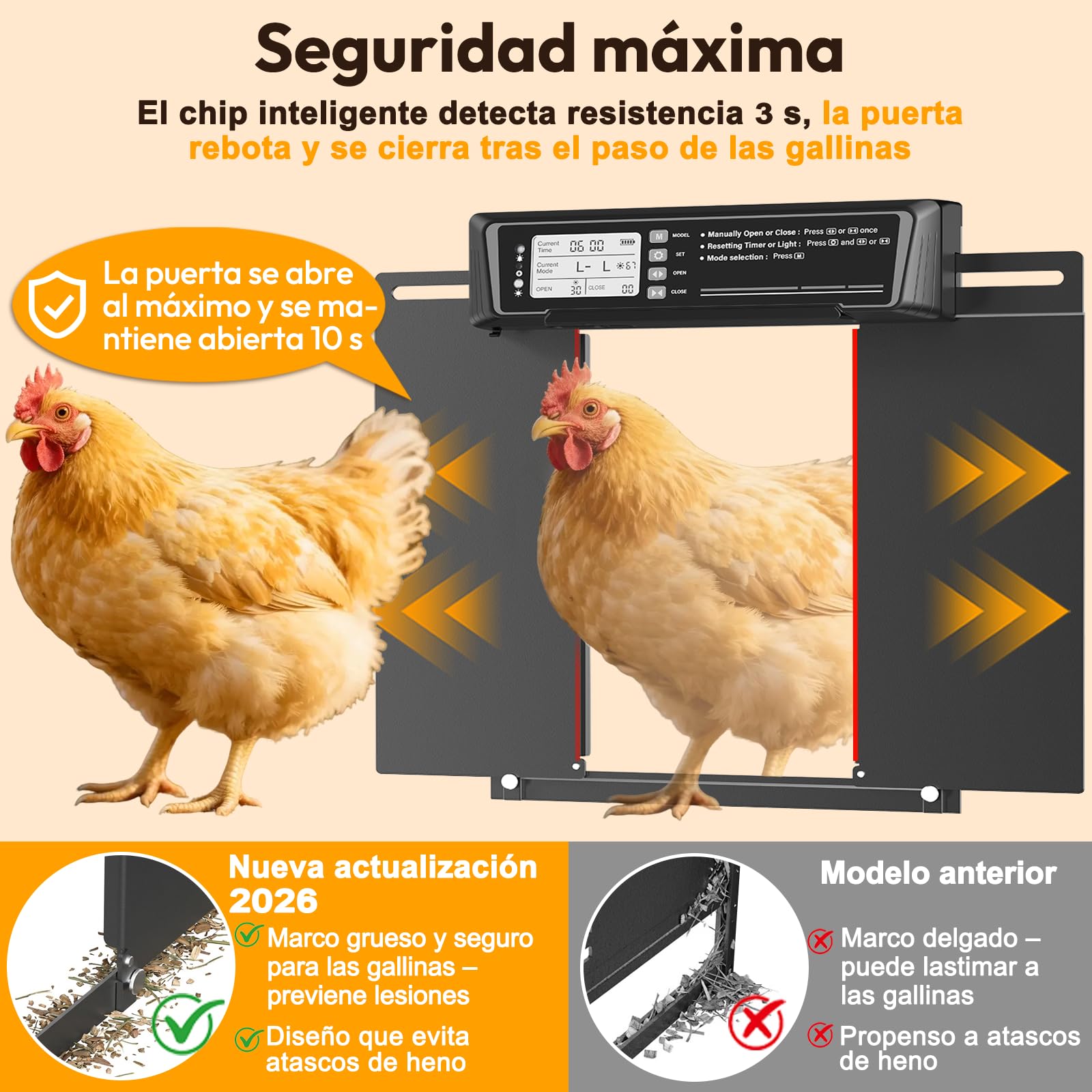 Puerta Gallinero Automática Solar, con Función Manual y Temporizador, Puerta Automática Gallinero con Energía Solar Anti-aplastamiento | Control Remoto | Batería de Alta Capacidad | Gran Panel Solar