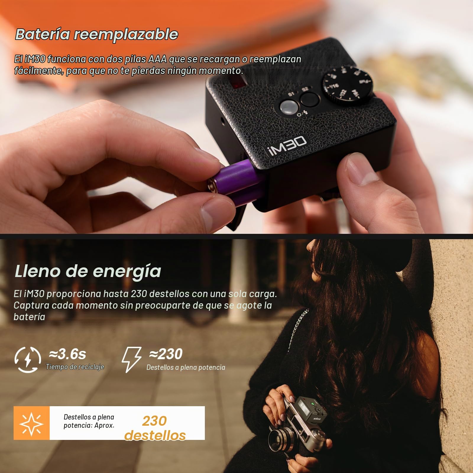 Godox iM30 Flash Godox Flash de Cámara, 7 Niveles de Potencia Mini Flash Speedlite 6500K±200K Flash de Cámara para Canon Sony Nikon Fuji Olympus