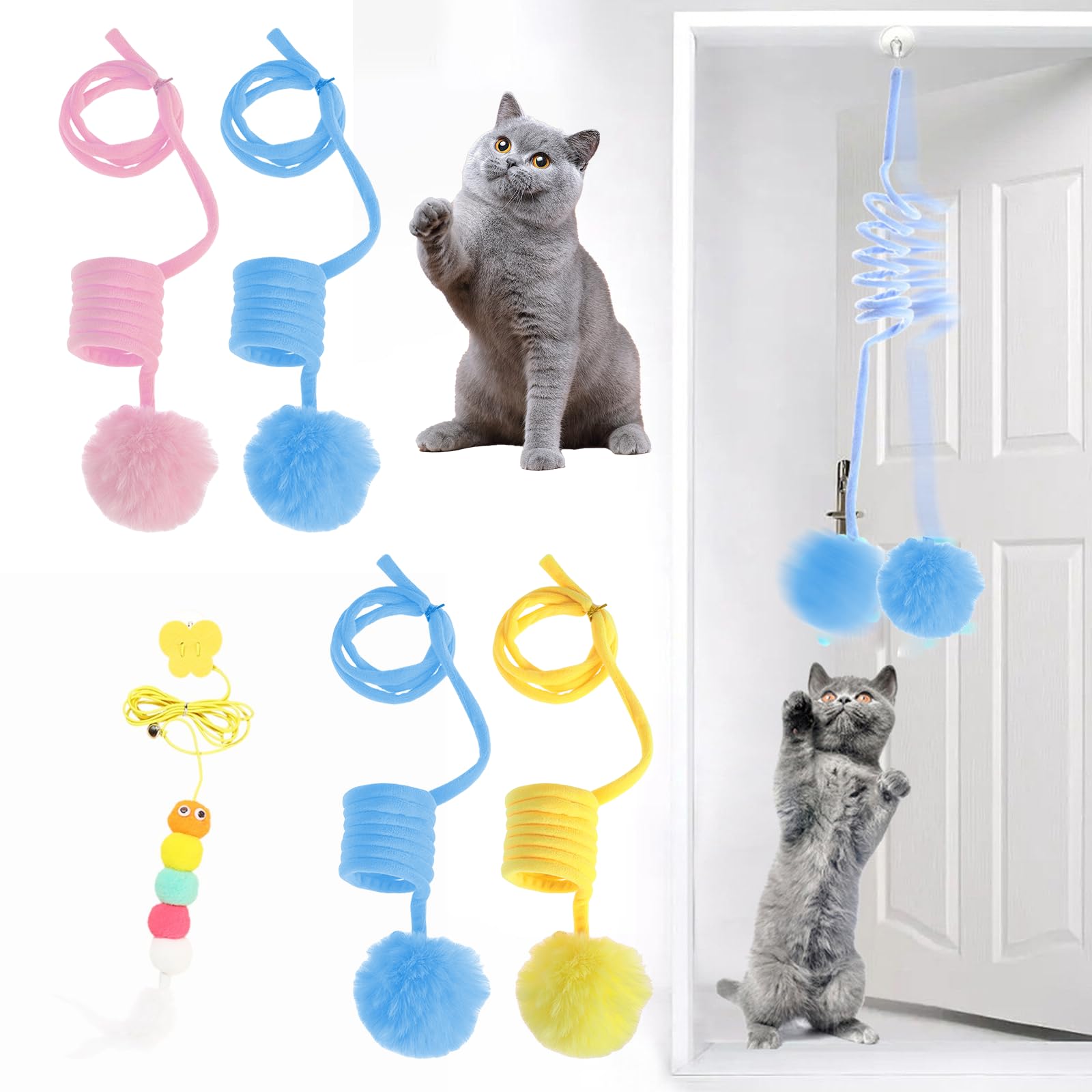 Nizirioo Juguete para gatos con marco de puerta para colgar, 5 unidades, bola de peluche de primavera colgante, juguete para gatos con ventosa y campana, juguete para gatos para gatitos de interior