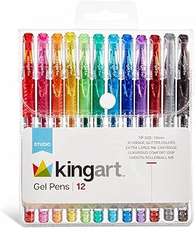 KINGART Glitter Gel Pens 12-Color 2.5MM Ink Cartridge Soft-Grip Pens Set 50% More Ink Colored Gel Pens for Adult Coloring Book, Drawing, Doodling, Scrapbook, Journaling, Sparkle, Gift for Kids