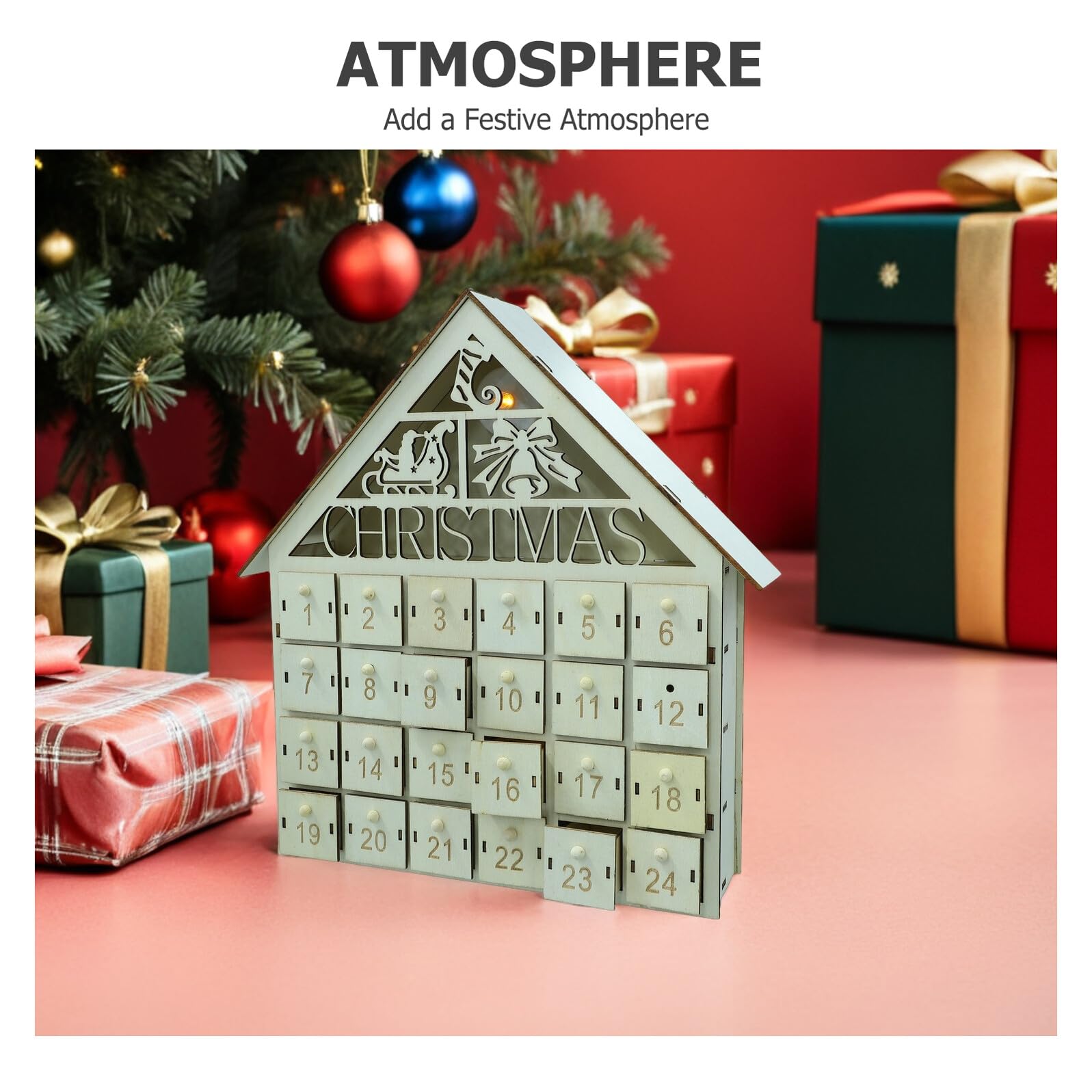 Gatuida Calendario de Adviento Navideño de Madera con 24 Cajones Decoración Iluminada LED para Mesa Cuenta Regresiva de Navidad Reutilizable para Decoración Festiva Familiar